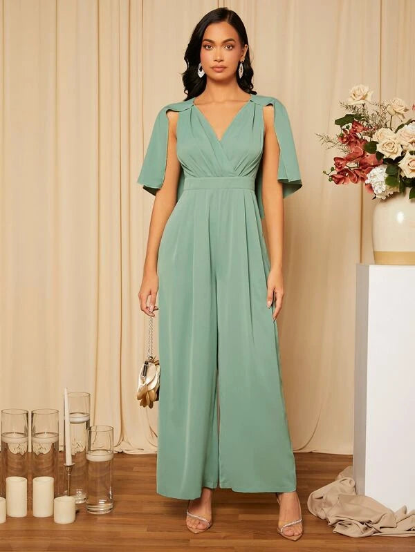 CM-JS041441 Women Elegant Seoul Style Plicated Detail Cloak Sleeve Wide Leg Jumpsuit