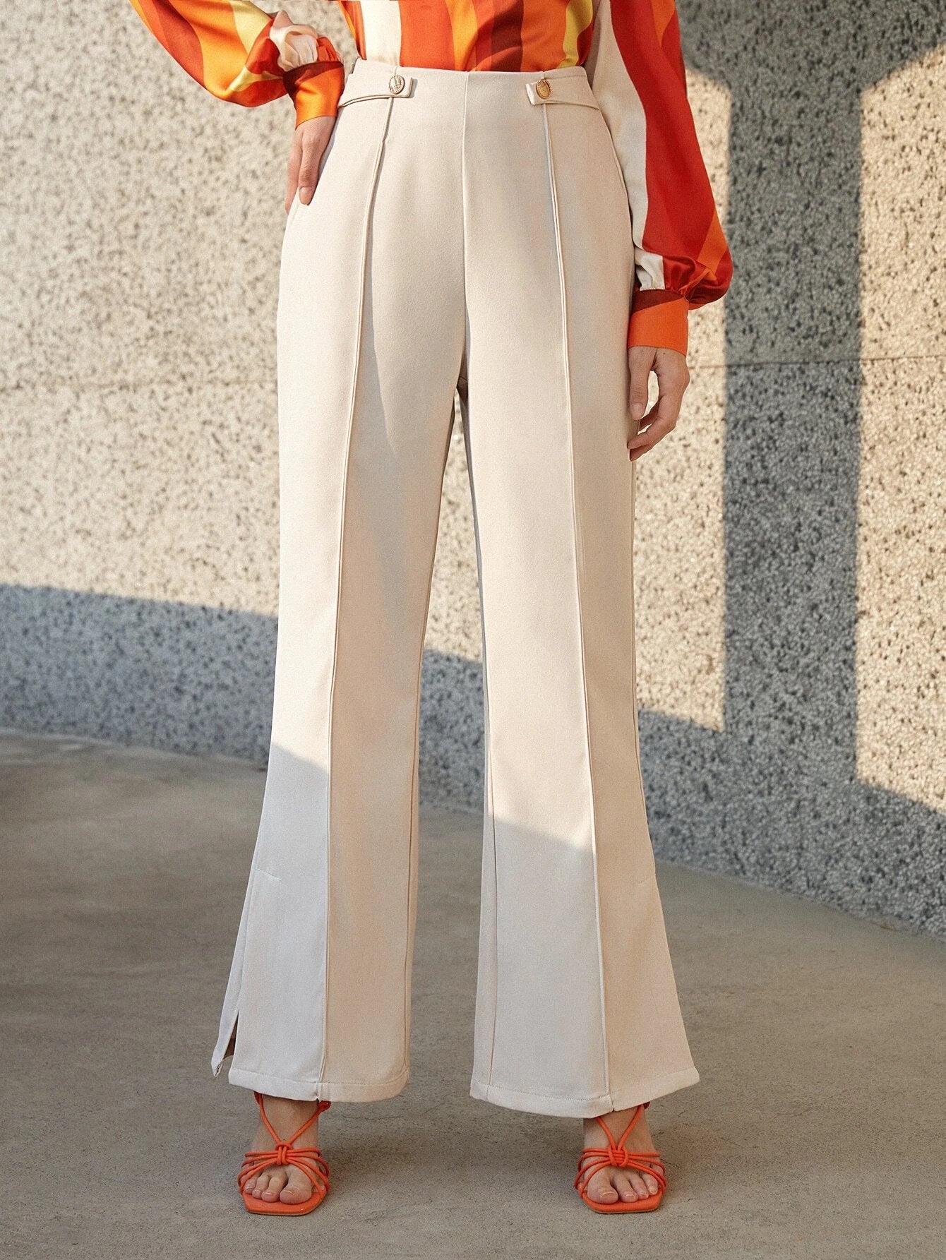 CM-BS040616 Women Elegant Seoul Style Seam Detail Split Hem Flare Leg Pants - Beige