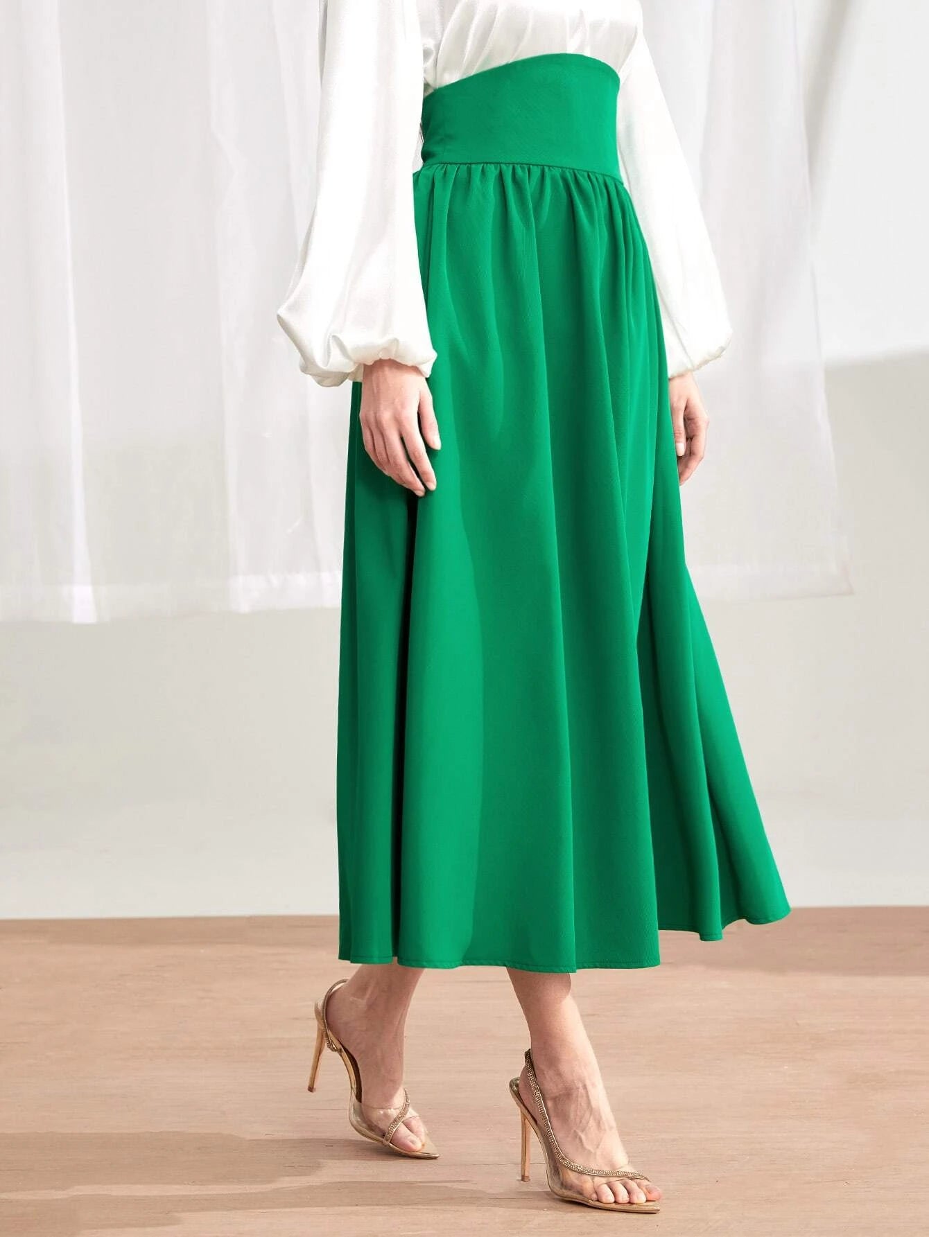 CM-BS076871 Women Elegant Seoul Style Wide Waistband Flare Skirt - Green