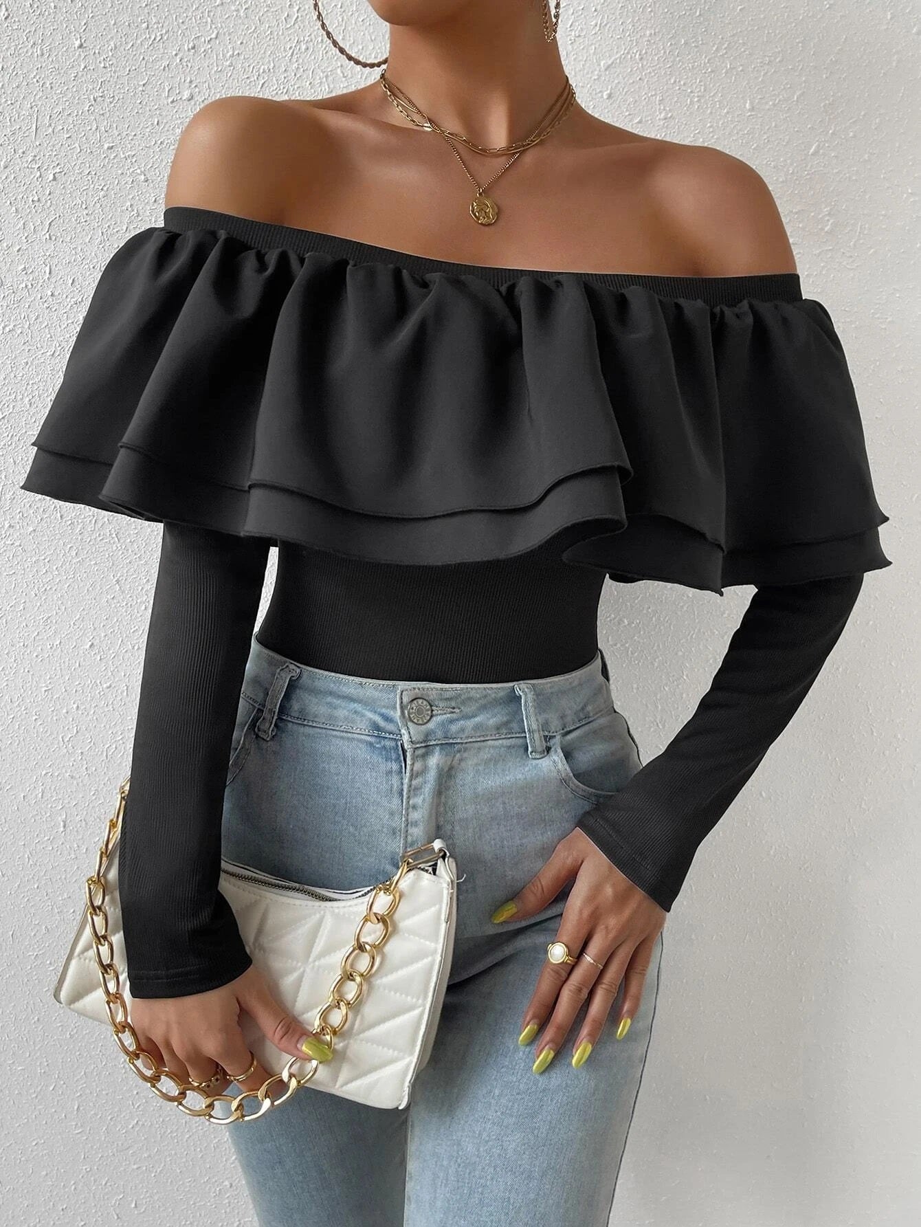CM-TS645965 Women Casual Seoul Style Off Shoulder Exaggerated Ruffle Bodysuit