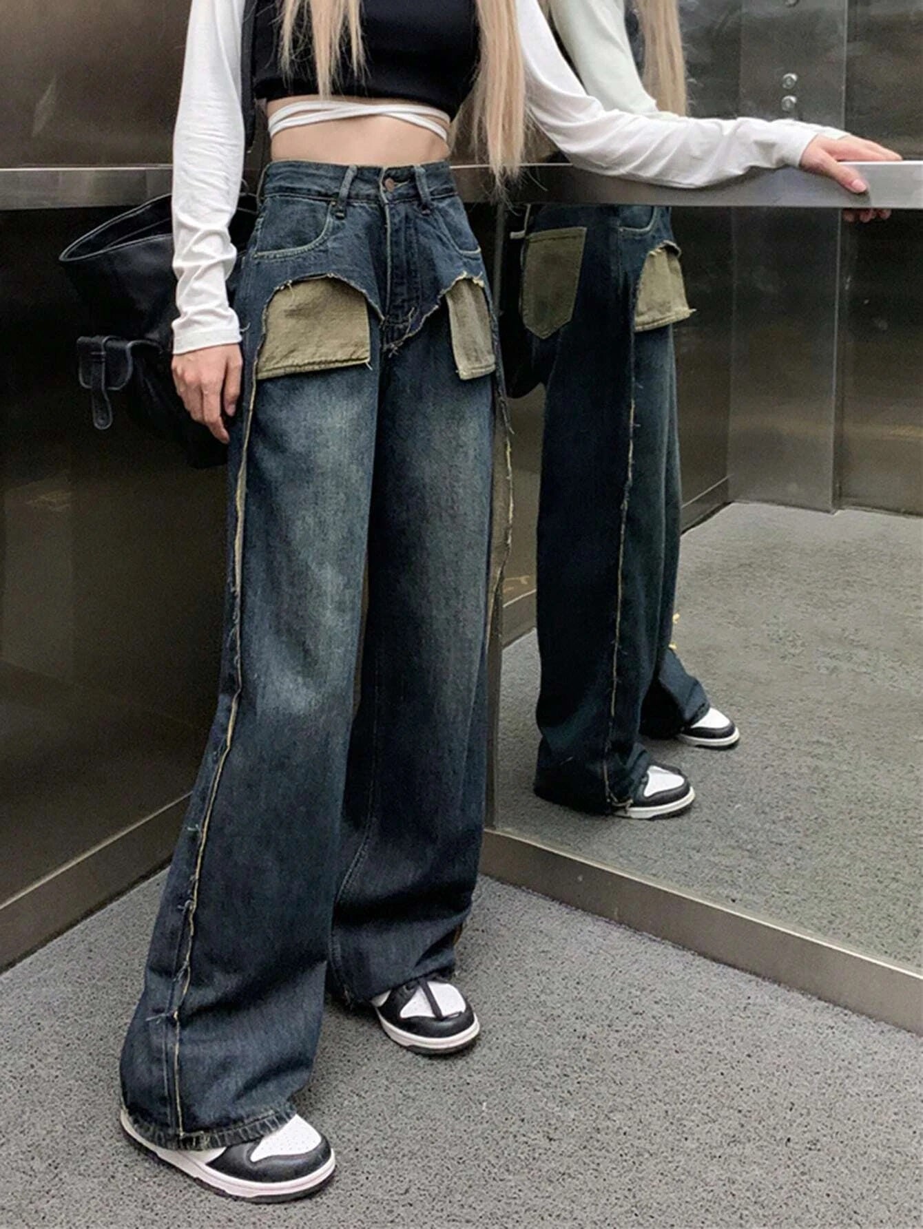 CM-BS927718 Women Preppy Seoul Style Contrast Panel Raw Hem Wide Leg Jeans