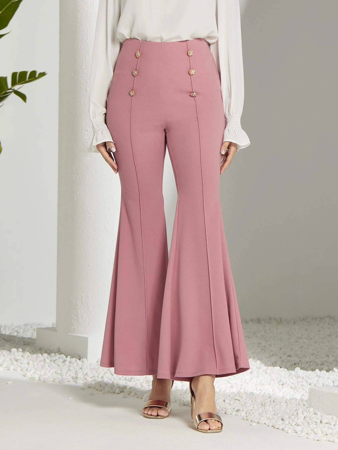 CM-BS437860 Women Elegant Seoul Style High Waist Button Detail Flare Leg Pants - Dusty Pink