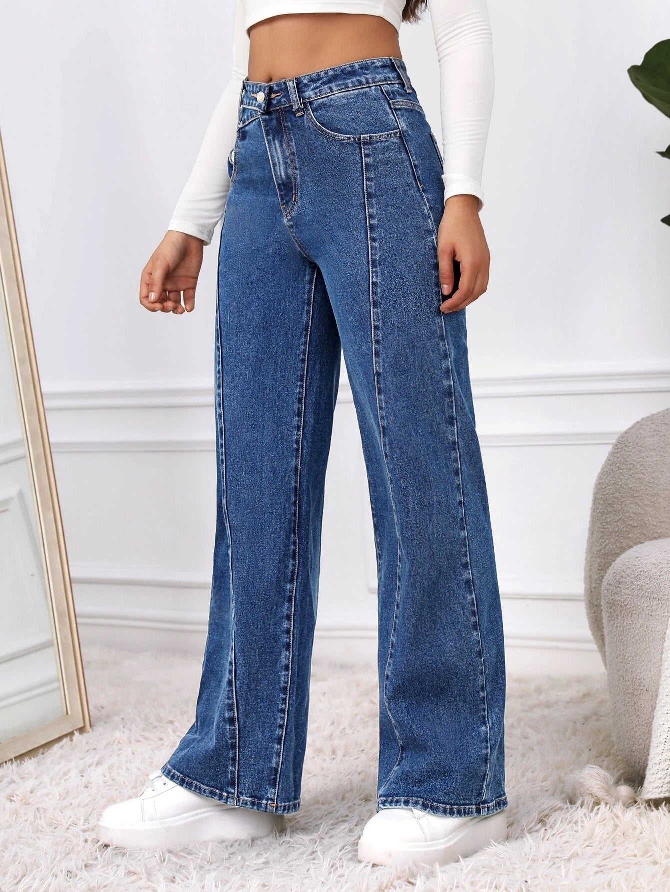 CM-BS402161 Women Casual Seoul Style Dark Wash Cut Out Waist Wide Leg Jeans