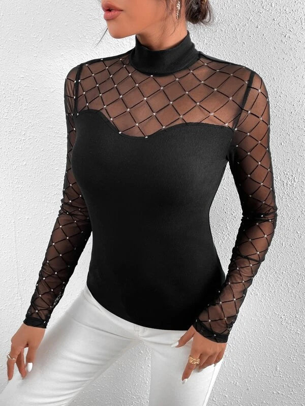 CM-TS472747 Women Casual Seoul Style Rhinestone Insert Contrast Mesh High Neck Tee
