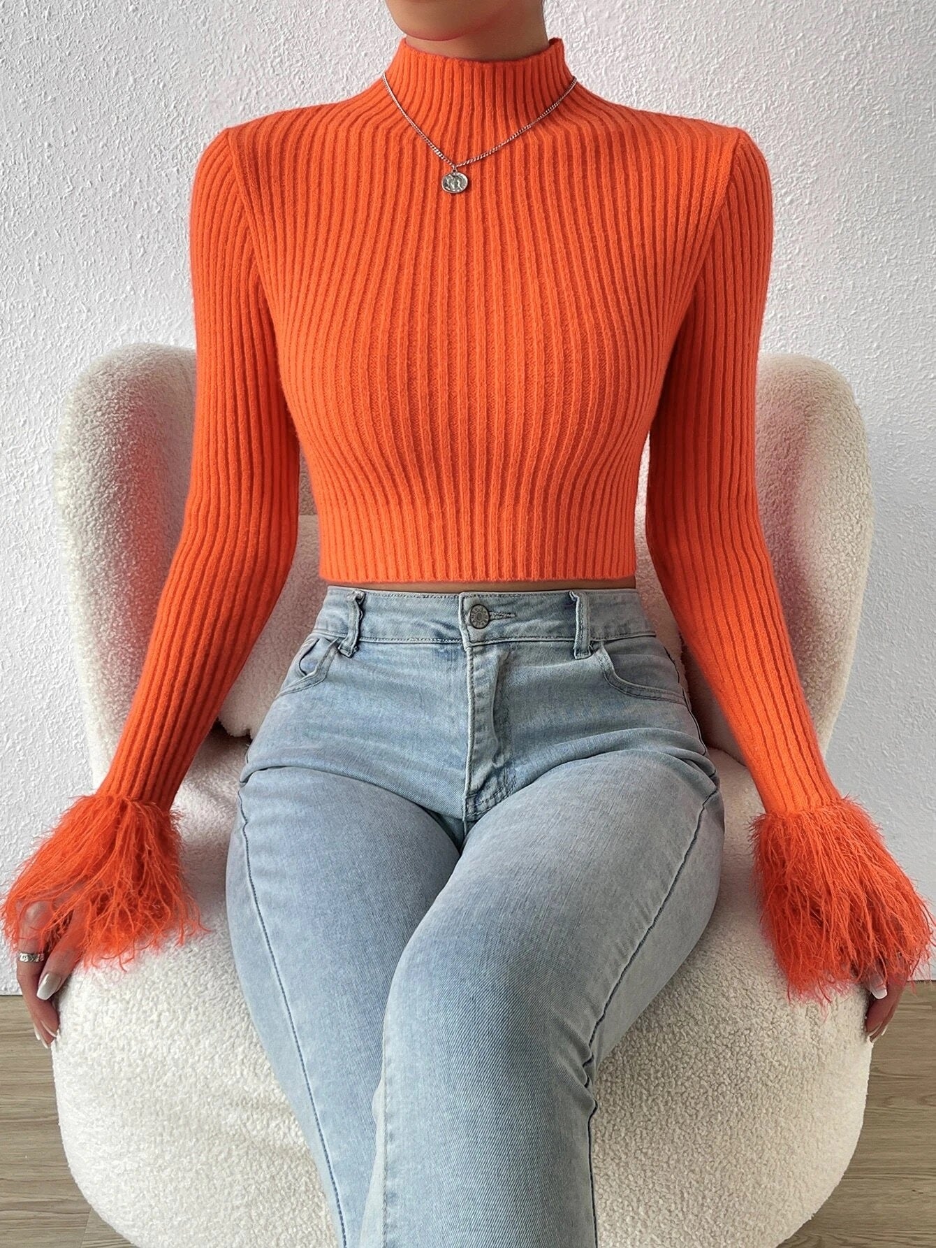 CM-CS838908 Women Casual Seoul Style Mock Neck Fuzzy Cuff Crop Sweater - Orange