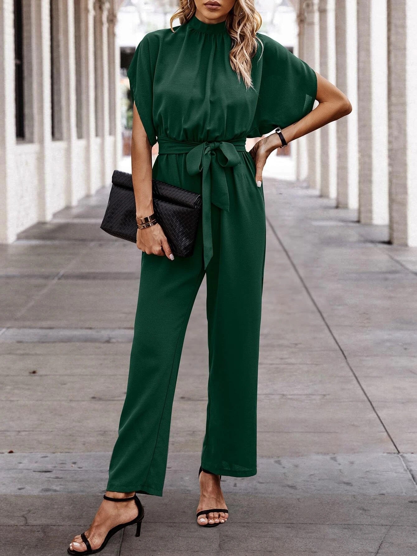 CM-JS818871 Women Casual Seoul Style Mock Neck Batwing Sleeve Belted Jumpsuit - Dark Green