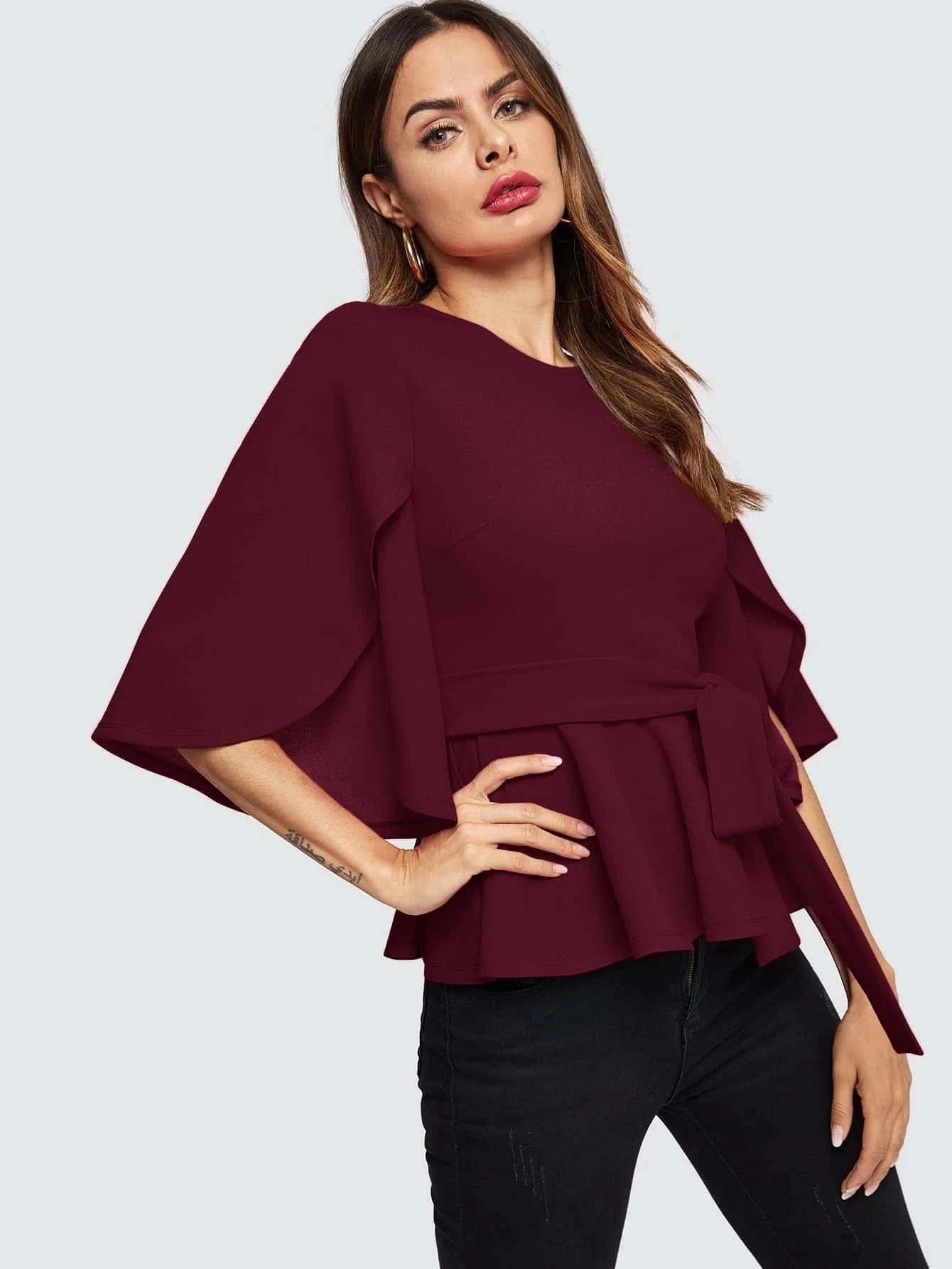 CM-TS823564 Women Casual Seoul Style Split Sleeve Belted Peplum Top - Burgundy