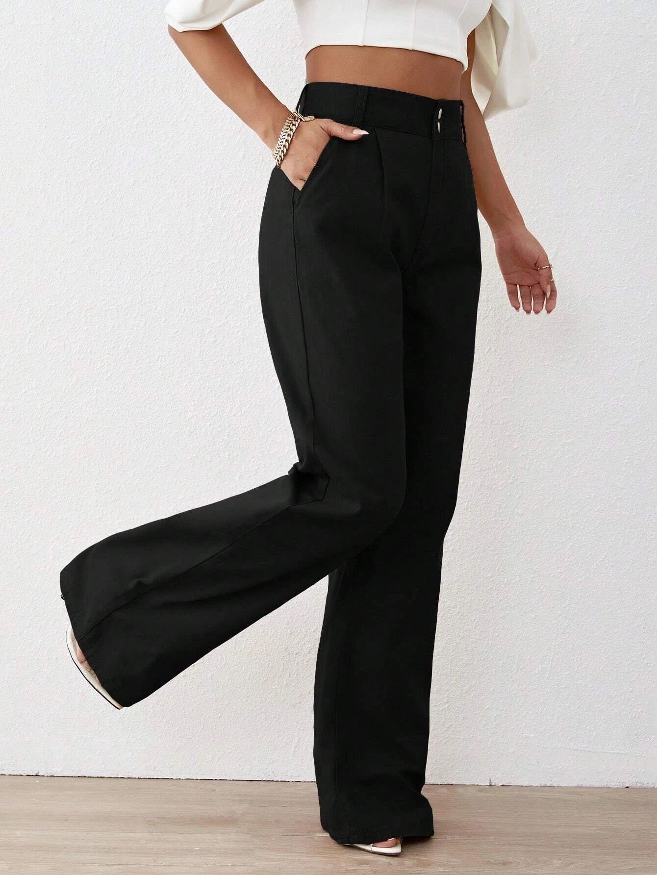 CM-BS432020 Women Preppy Seoul Style Solid High Waist Wide Leg Jeans - Black