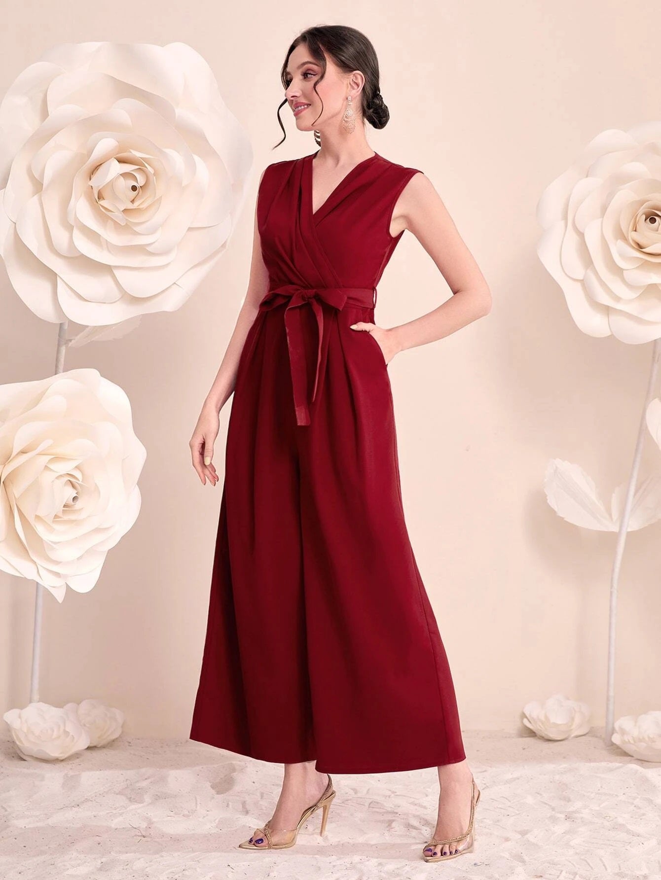 CM-JS300010 Women Elegant Seoul Style Surplice Neck Belted Wide Leg Jumpsuit - Burgundy