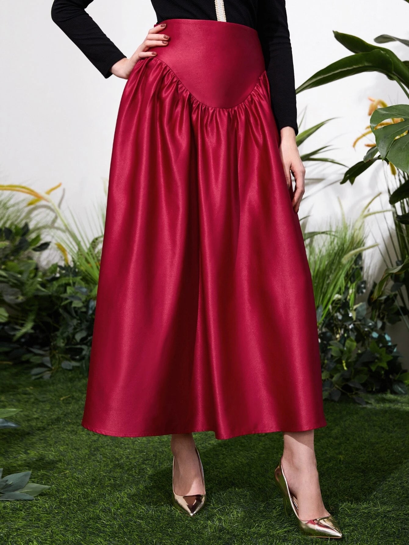 CM-BS535451 Women Elegant Seoul Style High Waist Satin Skirt - Burgundy