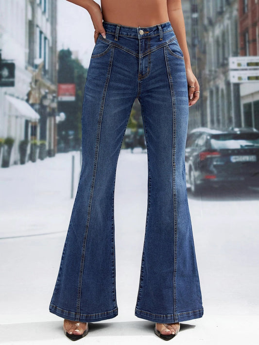 CM-BS191625 Women Preppy Seoul Style Dark Wash Button Fly Flare Leg Jeans