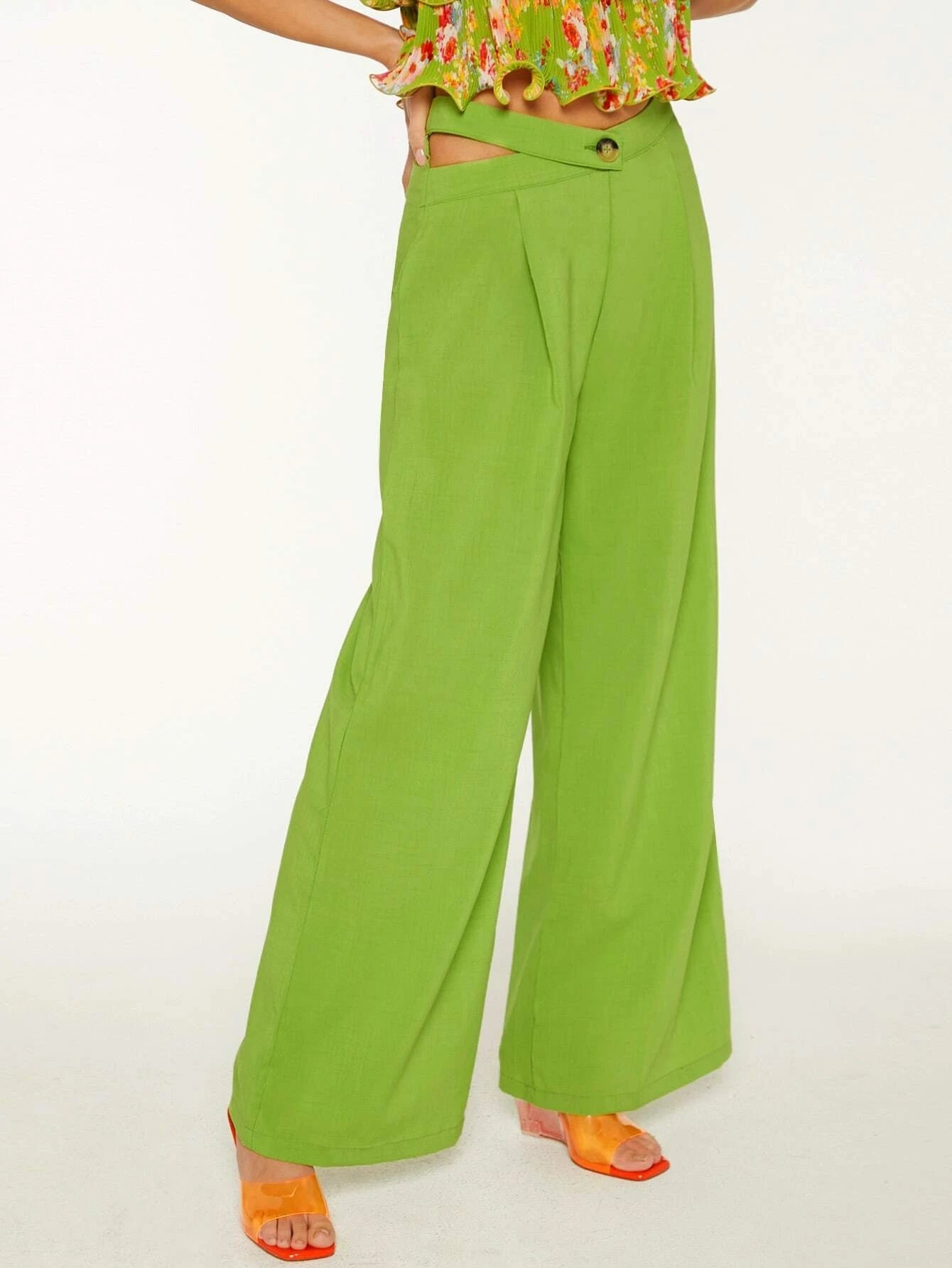 CM-BS971157 Women Elegant Seoul Style High Waist Solid Wide Leg Pants - Lime Green