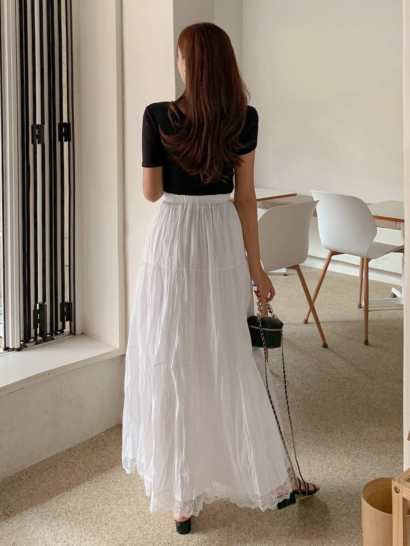 CM-BS486700 Women Elegant Seoul Style Contrast Lace Ruffle Hem Skirt - White