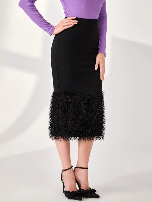 CM-BS314726 Women Elegant Seoul Style High Waist Fuzzy Hem Midi Skirt - Black