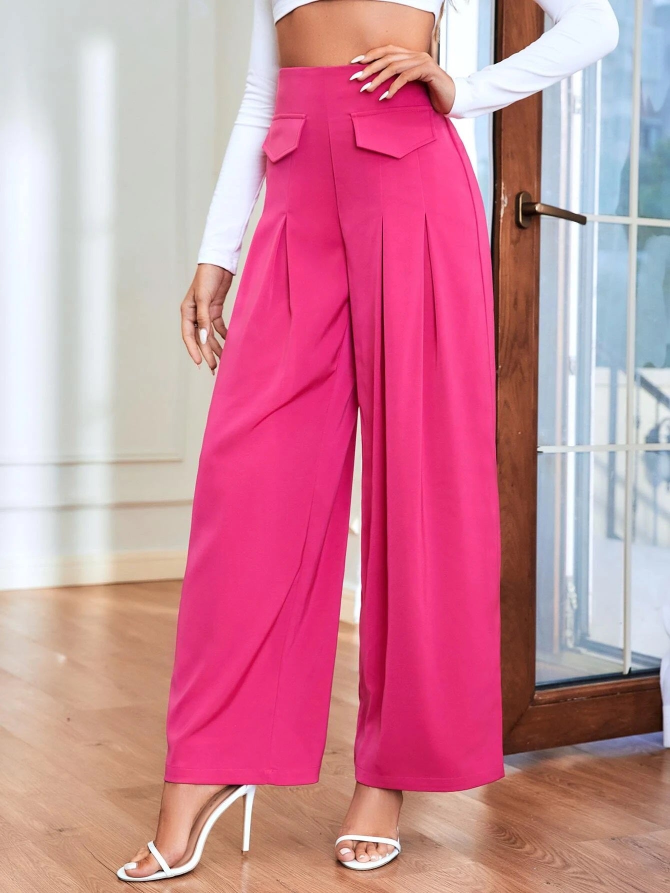 CM-BS441197 Women Casual Seoul Style High Waist Flap Detail Wide Leg Pants - Hot Pink