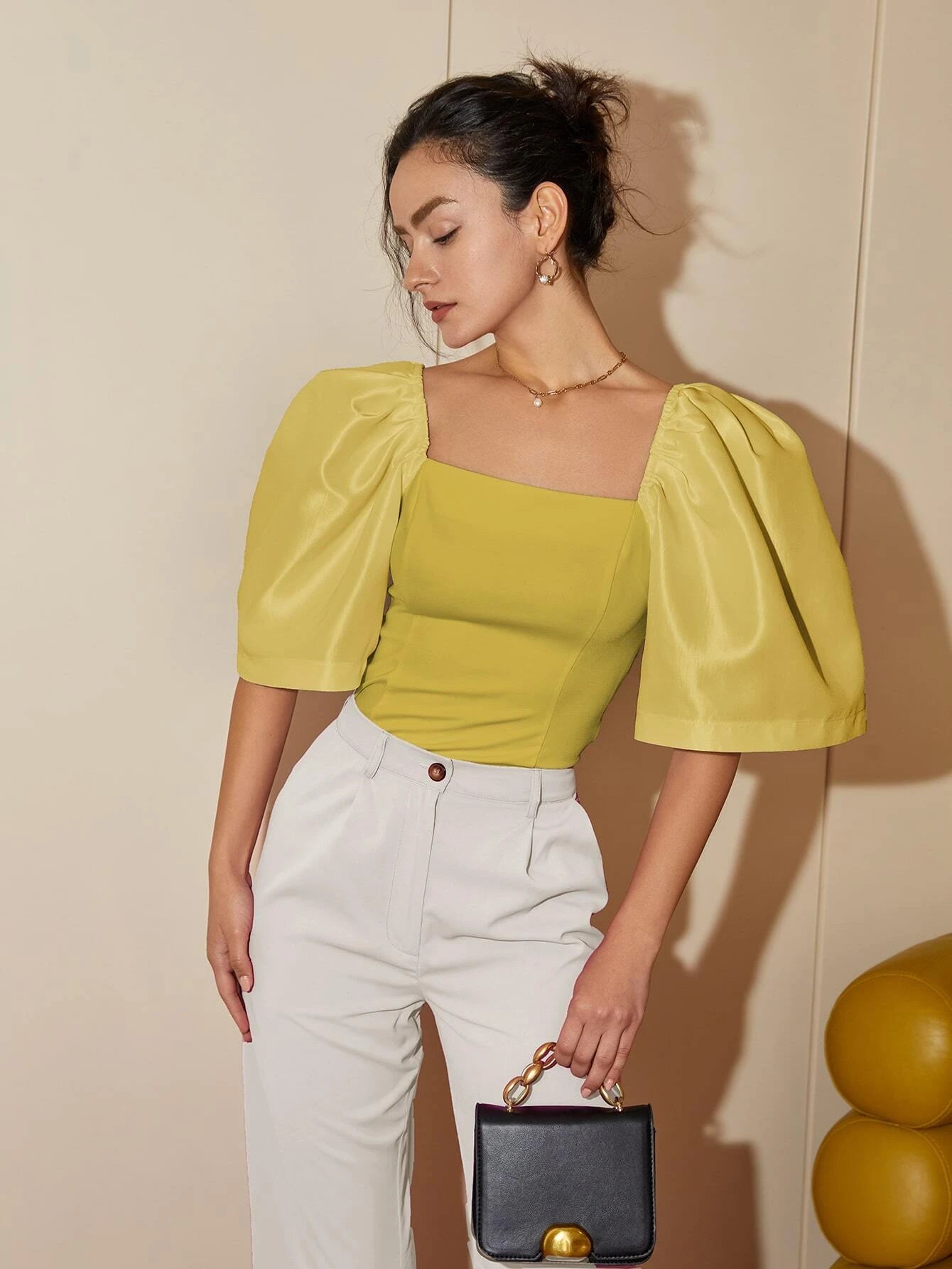 CM-TS744664 Women Elegant Seoul Style Square Neck Puff Sleeve Blouse - Mustard Yellow