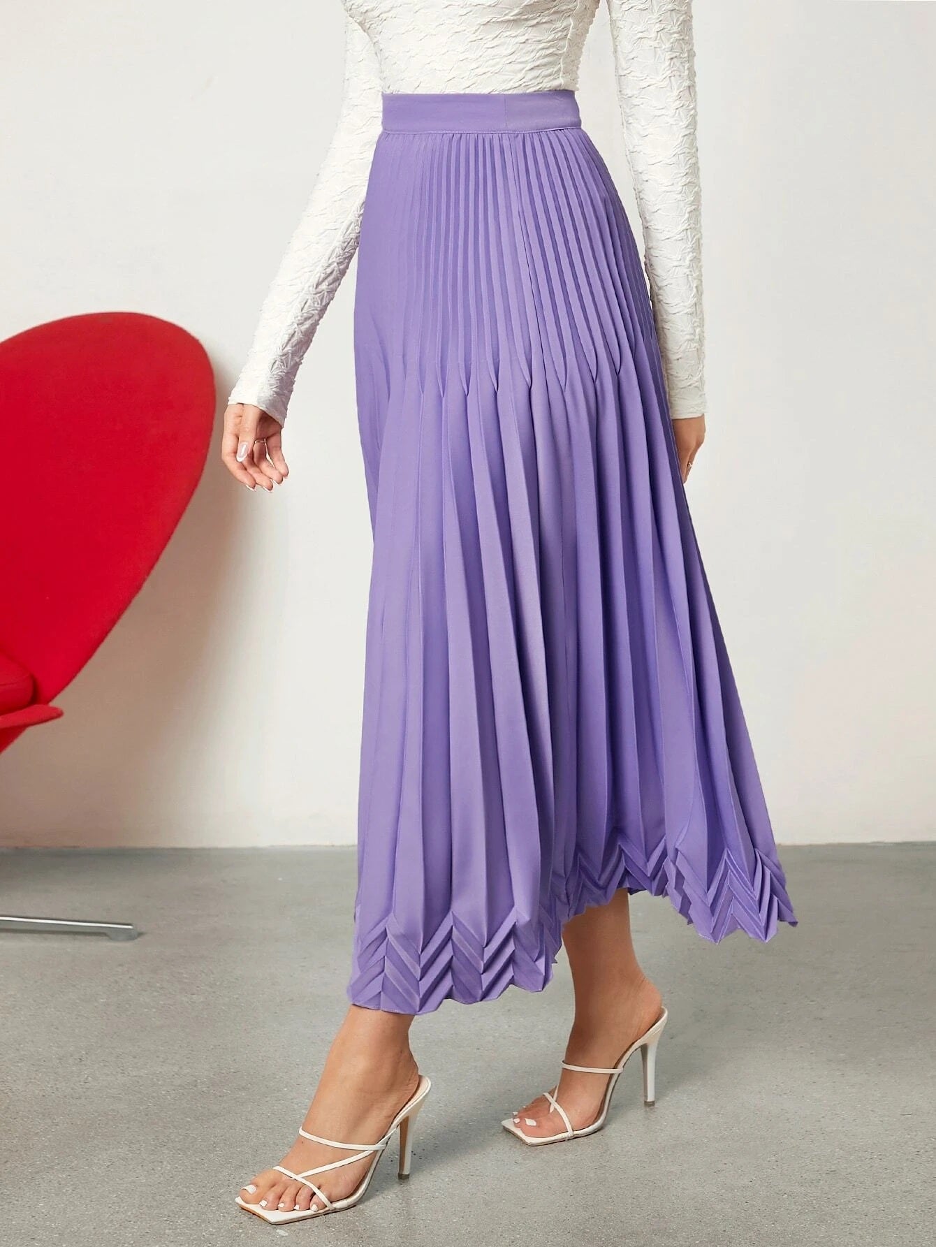 CM-BS020770 Women Elegant Seoul Style High Waist Chevron Pattern Pleated Skirt - Purple