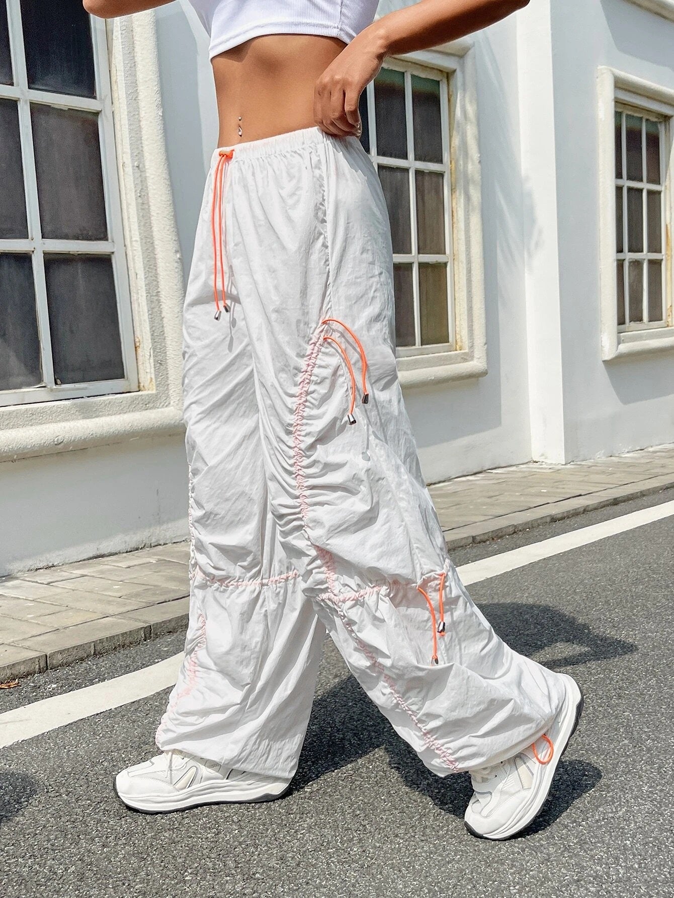 CM-BS692286 Women Casual Seoul Style Drawstring Drop Waist Parachute Pants - White