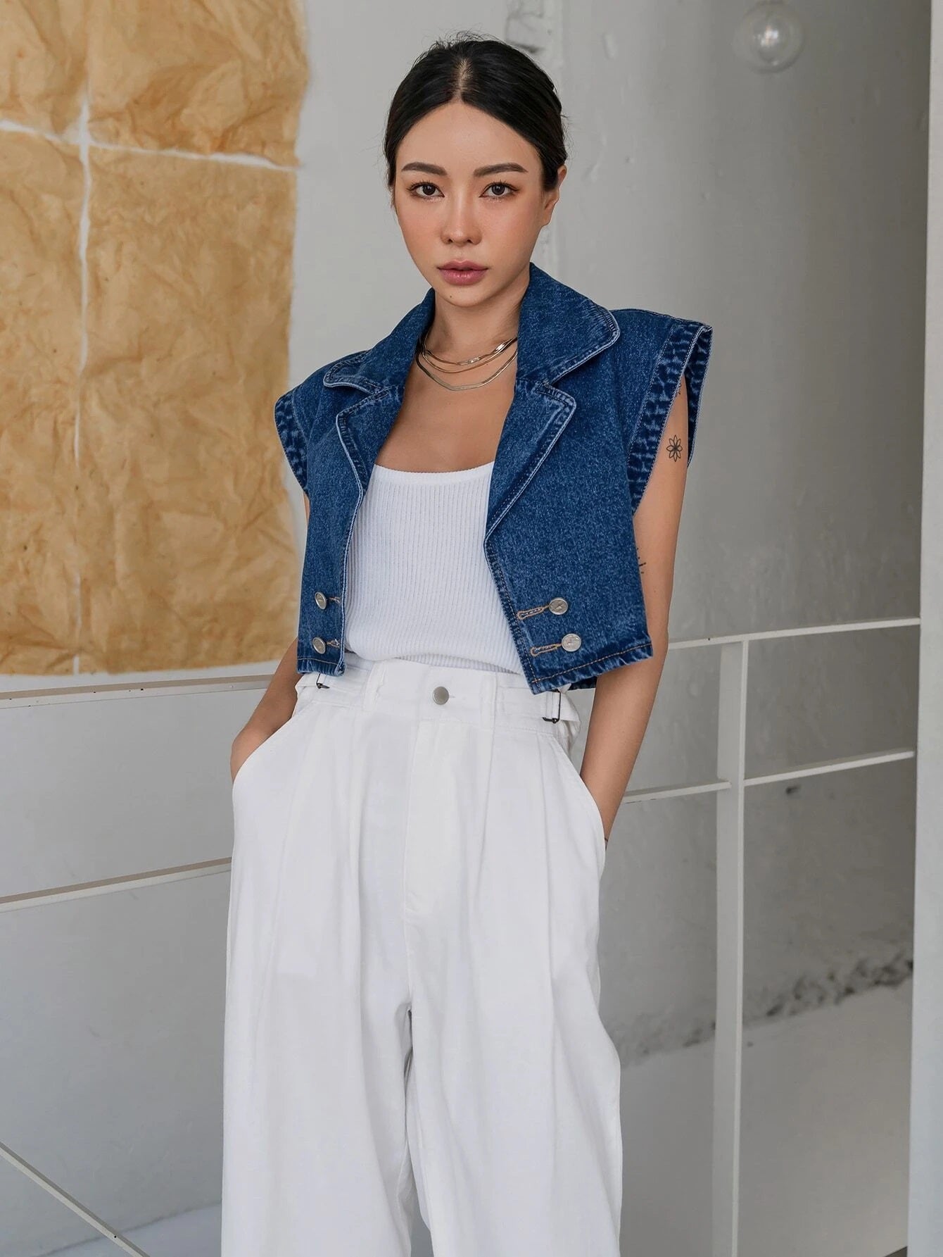 CM-TS223127 Women Casual Seoul Style Batwing Sleeve Double Breasted Denim Shirt