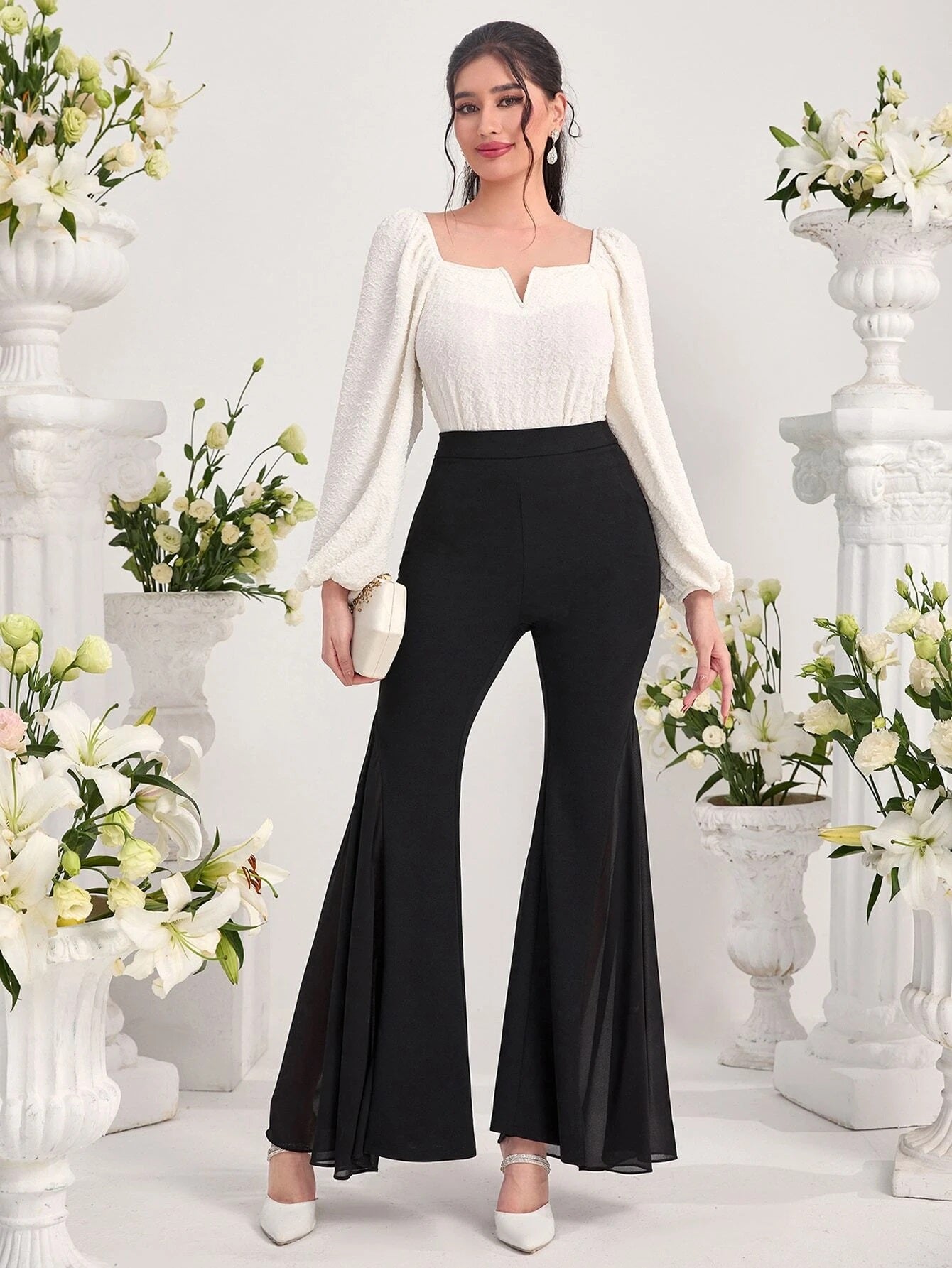 CM-BS380251 Women Elegant Seoul Style High Waist Flare Leg Pants - Black