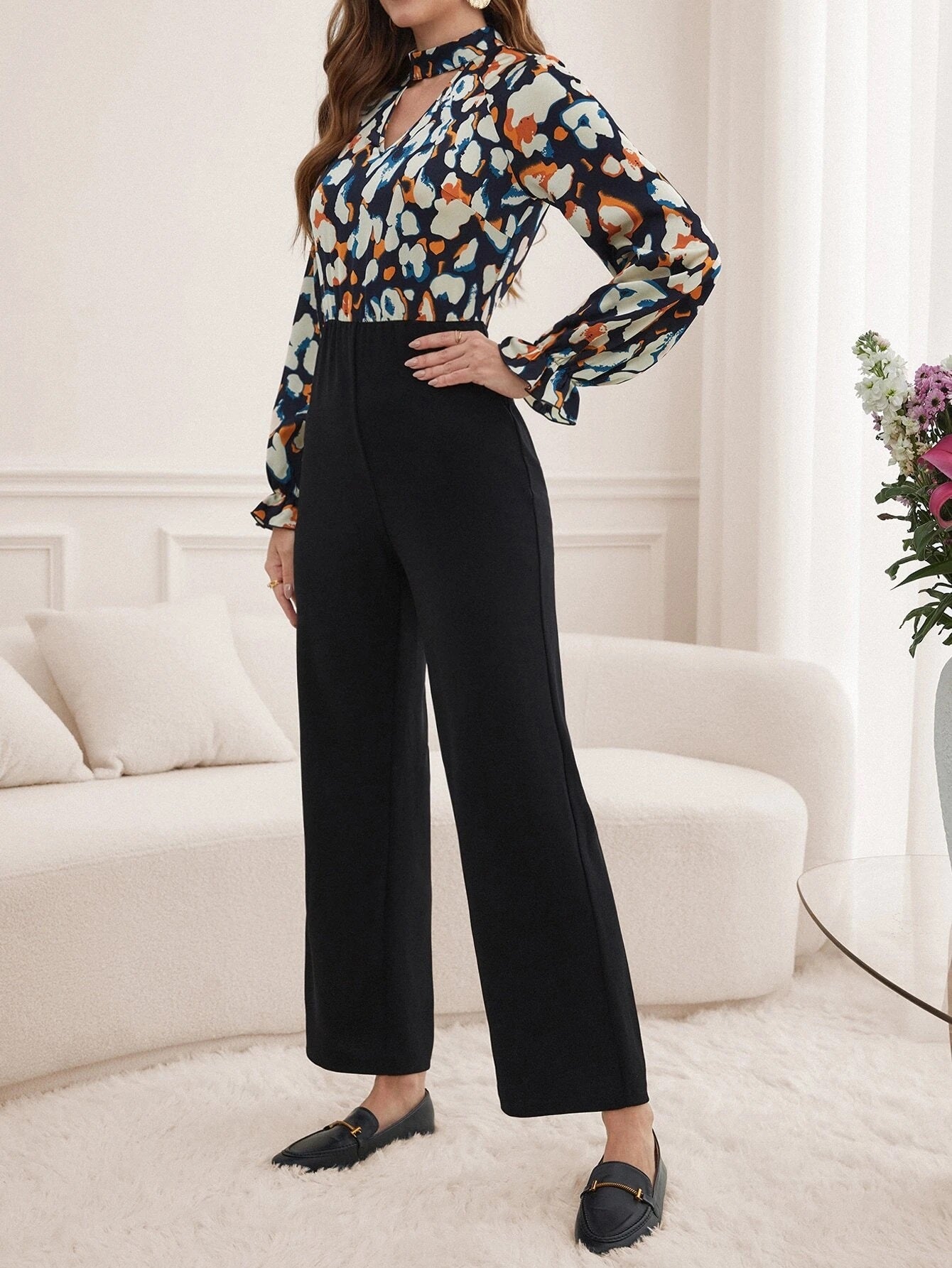 CM-JS722711 Women Casual Seoul Style Long Sleeve Graphic Print Choker Neck Jumpsuit