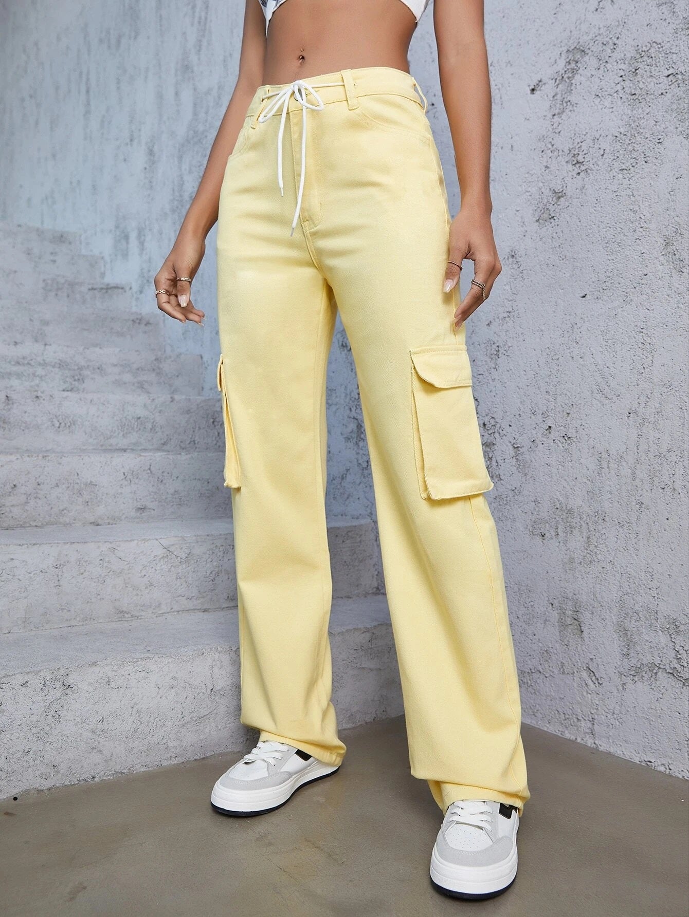 CM-BS126821 Women Casual Seoul Style Flap Pocket Drawstring Waist Cargo Jeans - Yellow