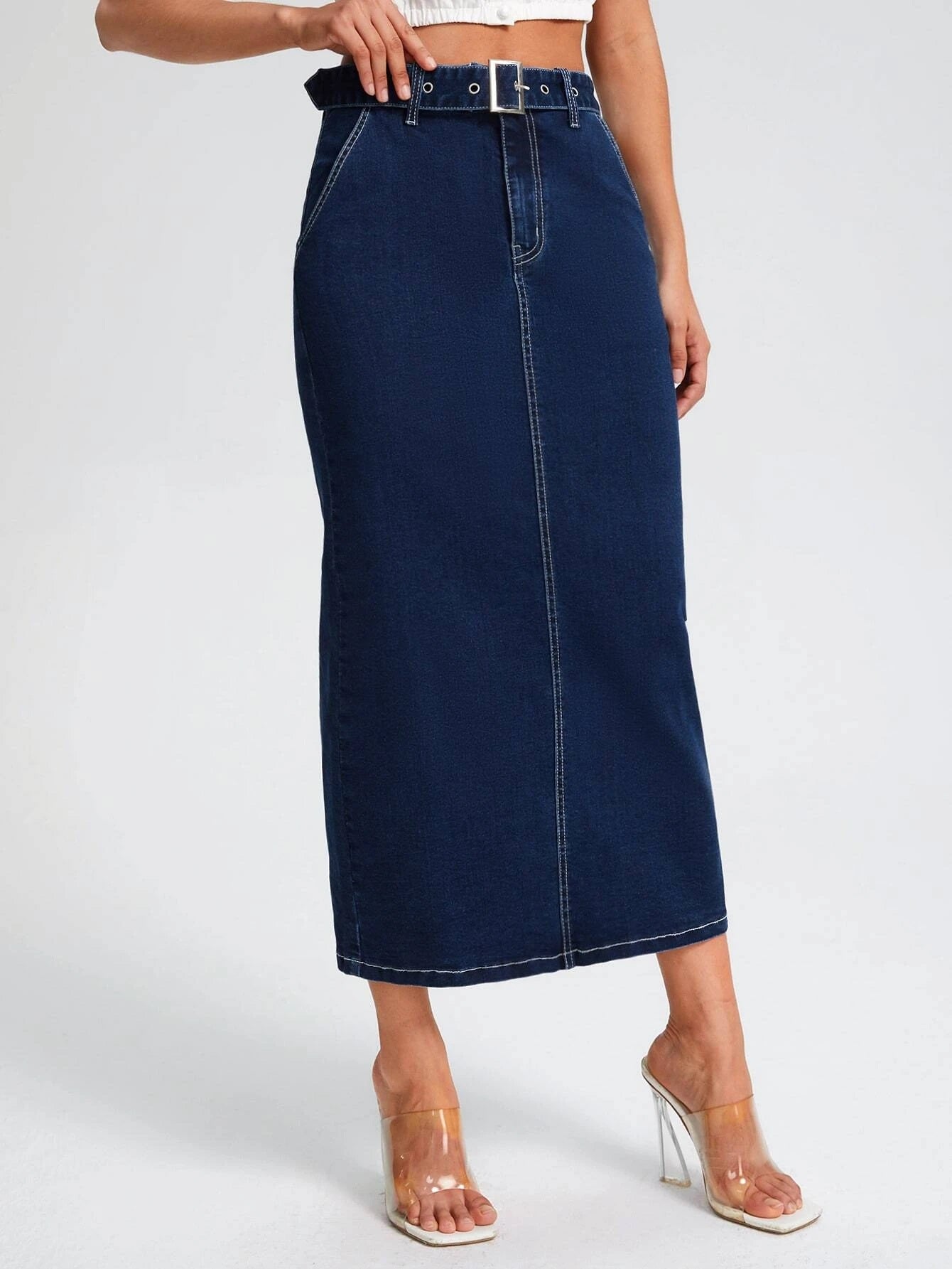 CM-BS941143 Women Preppy Seoul Style Dark Wash High Waist Belted Denim Skirt