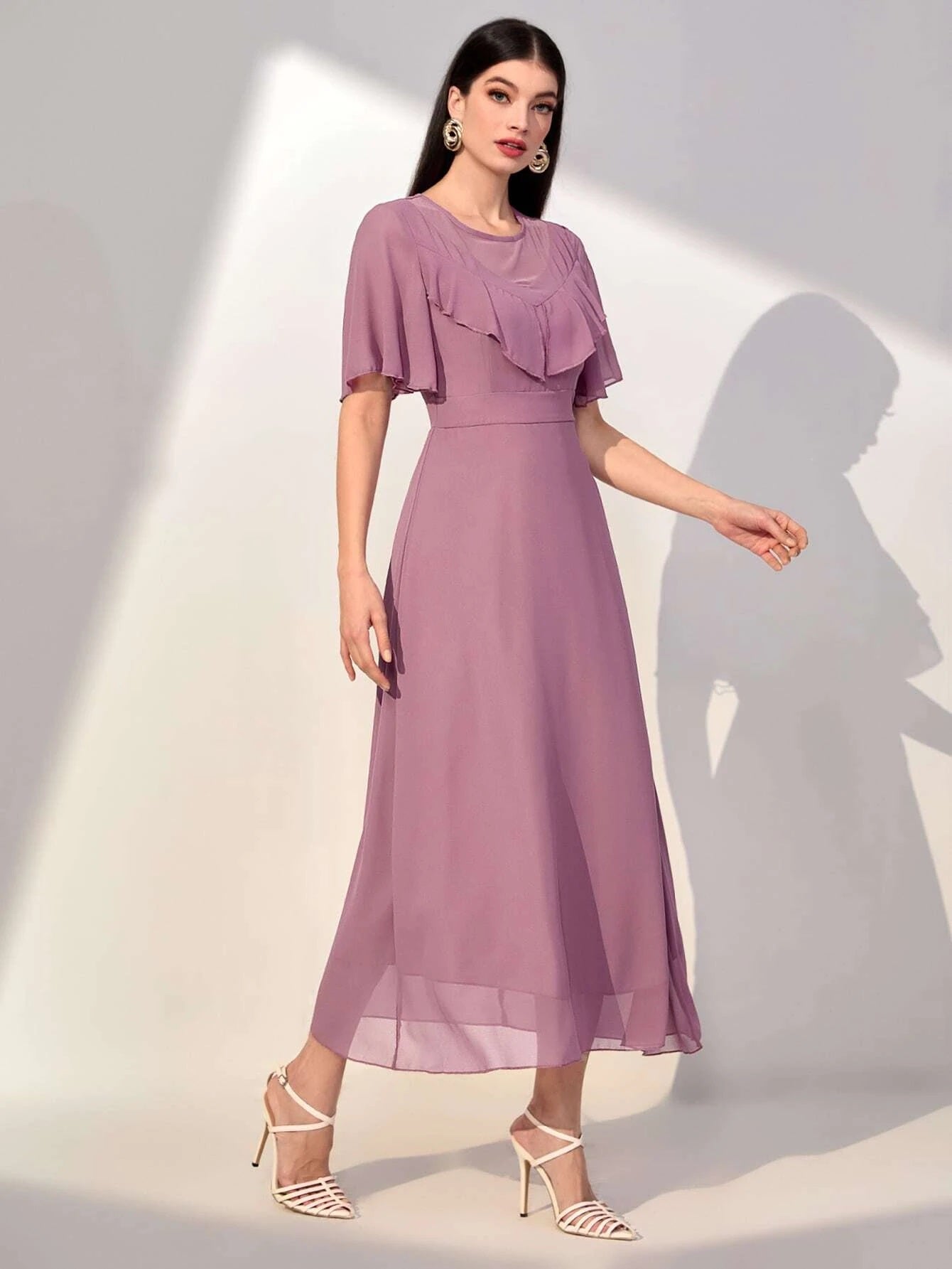 CM-DS403387 Women Elegant Seoul Style Round Neck Solid Ruffle Trim Dress - Mauve Purple