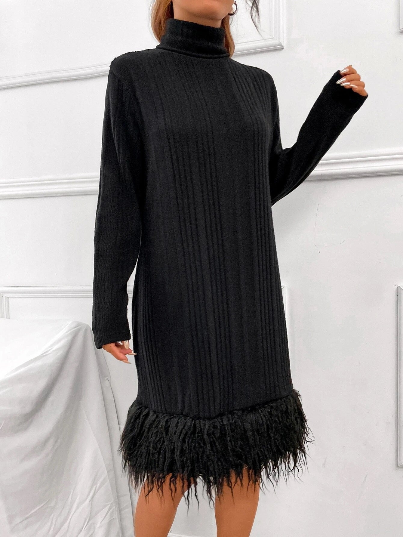 CM-DS758469 Women Elegant Seoul Style Turtleneck Fuzzy Hem Tee Dress - Black