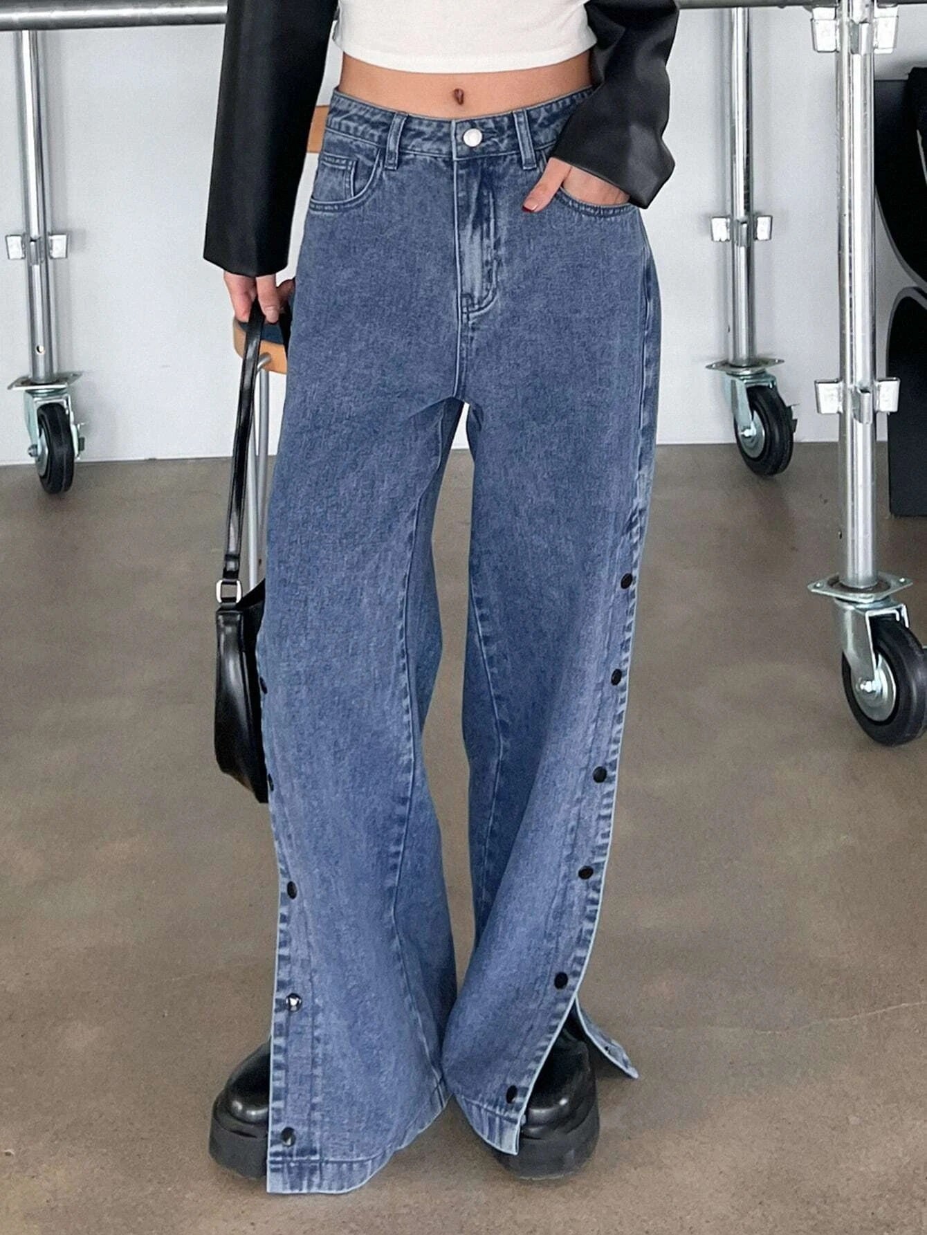 CM-BS309400 Women Preppy Seoul Style Medium Wash Solid Button Side Wide Leg Jeans