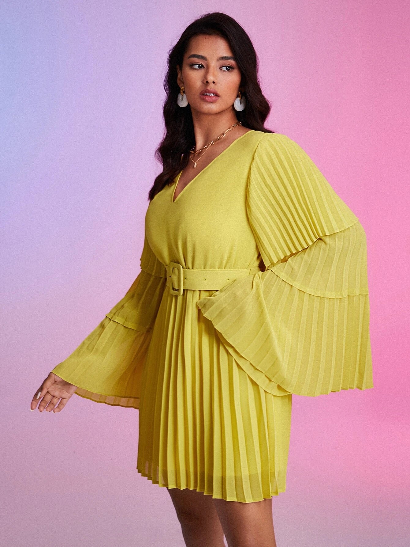 CM-DS433465 Women Elegant Seoul Style Pleated Trumpet Sleeve Belted Dress - Mustard Yellow