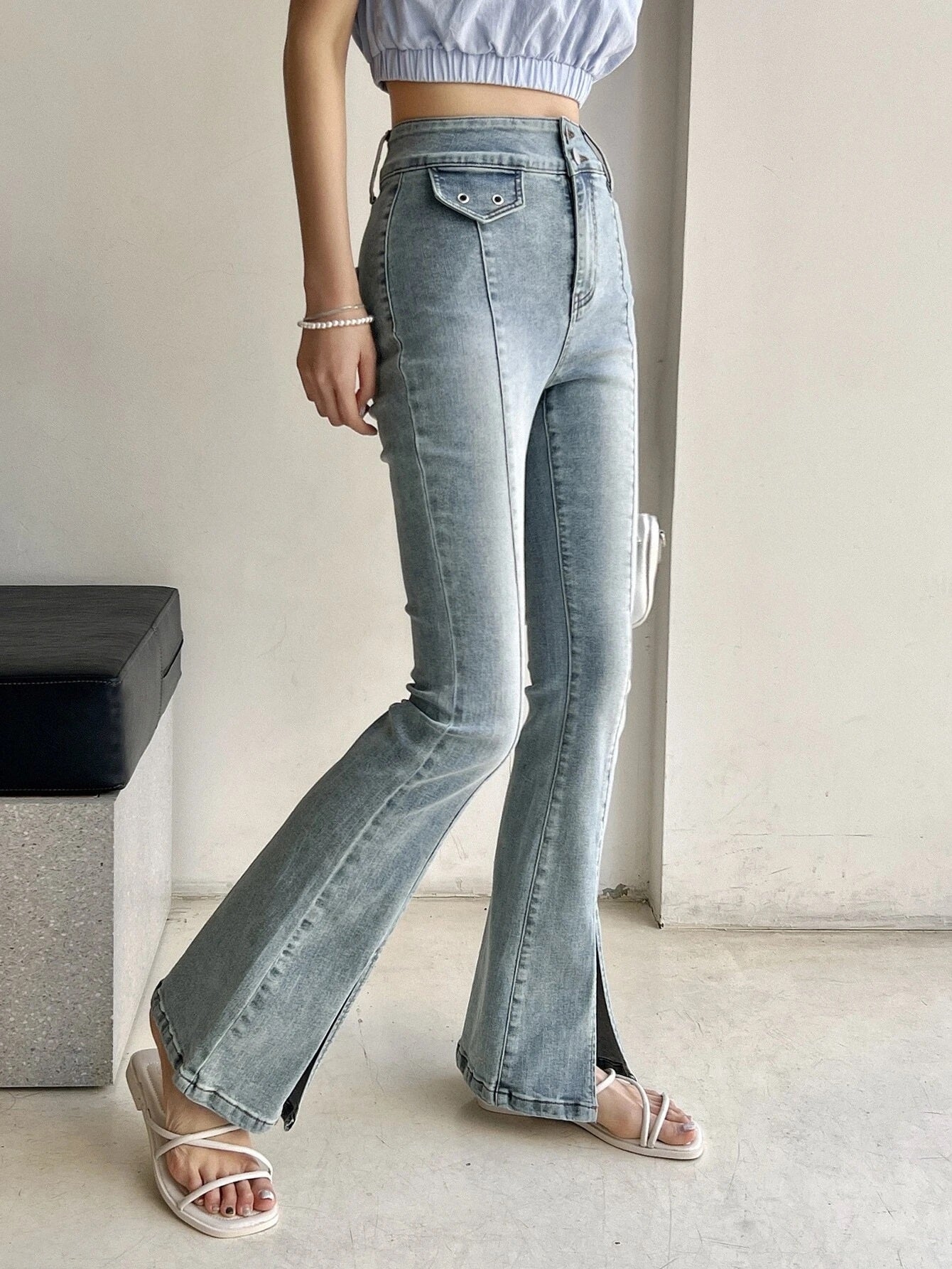 CM-BS200073 Women Casual Seoul Style Light Wash Split Hem Flare Leg Jeans