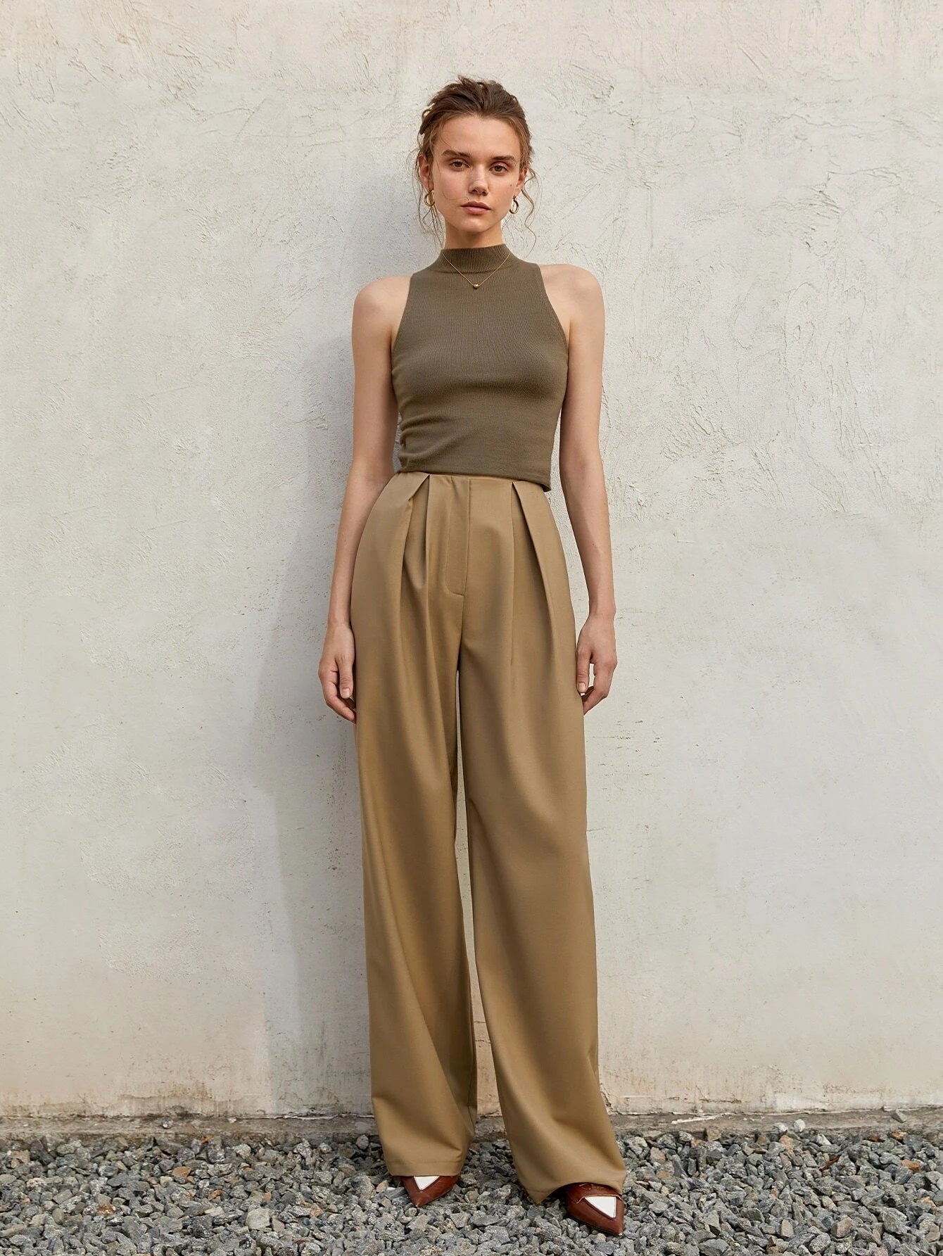 CM-BS258391 Women Elegant Seoul Style High Waist Fold Pleated Pants - Khaki