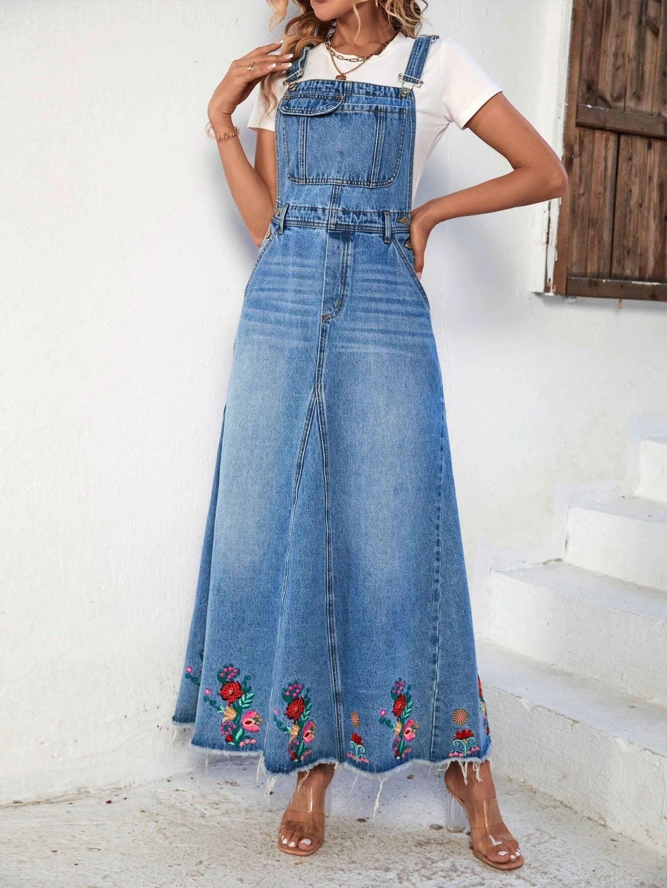 CM-DS652111 Women Preppy Seoul Style Light Wash Floral Embroidery Flap Pocket Denim Dress
