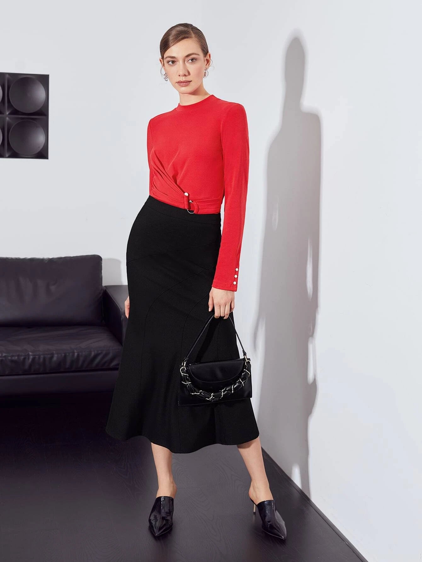 CM-TS599930 Women Elegant Seoul Style Mock Neck Gathered Long Sleeve Shirt - Red