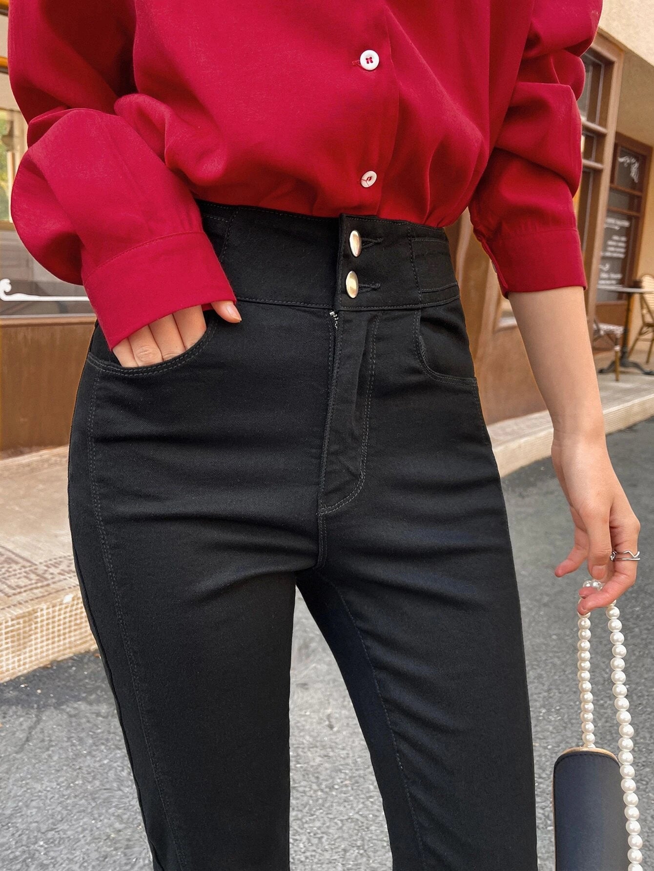 CM-BS187313 Women Casual Seoul Style High Waist Split Hem Flare Leg Jeans - Black