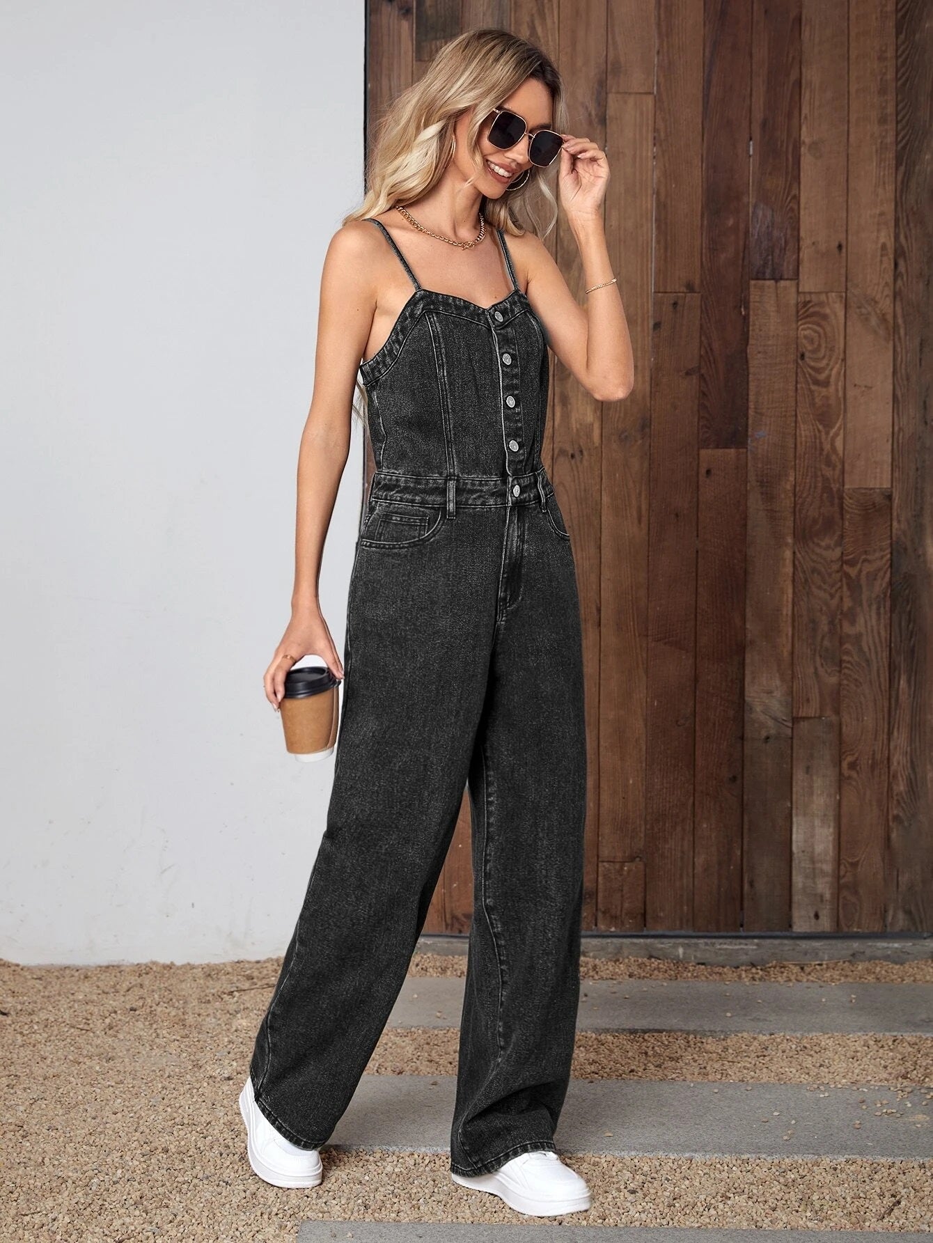 CM-JS498642 Women Preppy Seoul Style Sleeveless Button Front Denim Cami Jumpsuit - Black