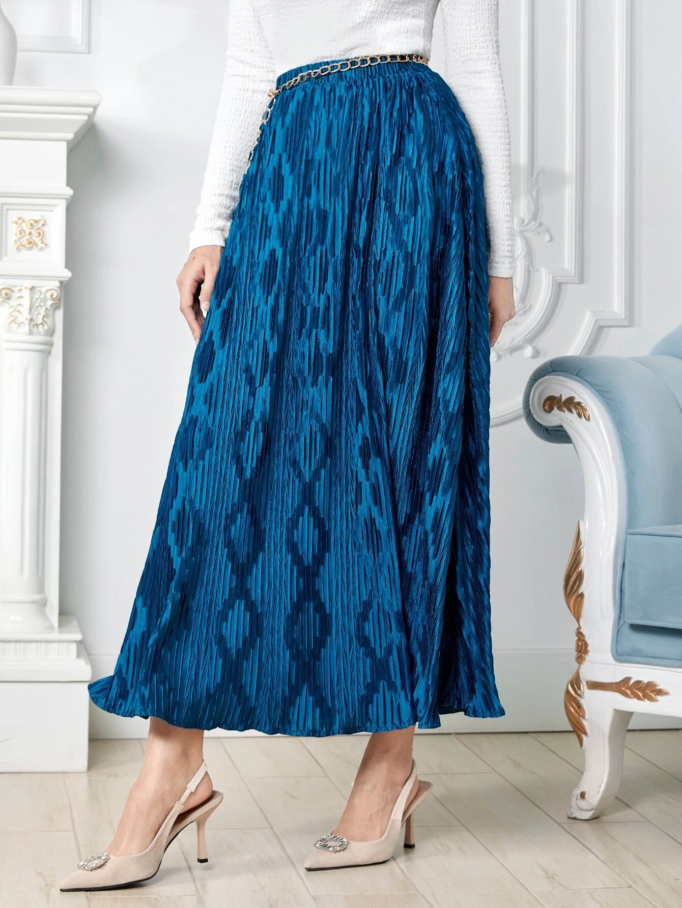 CM-BS181097 Women Elegant Seoul Style Geo Pattern High Waist Pleated Skirt - Blue