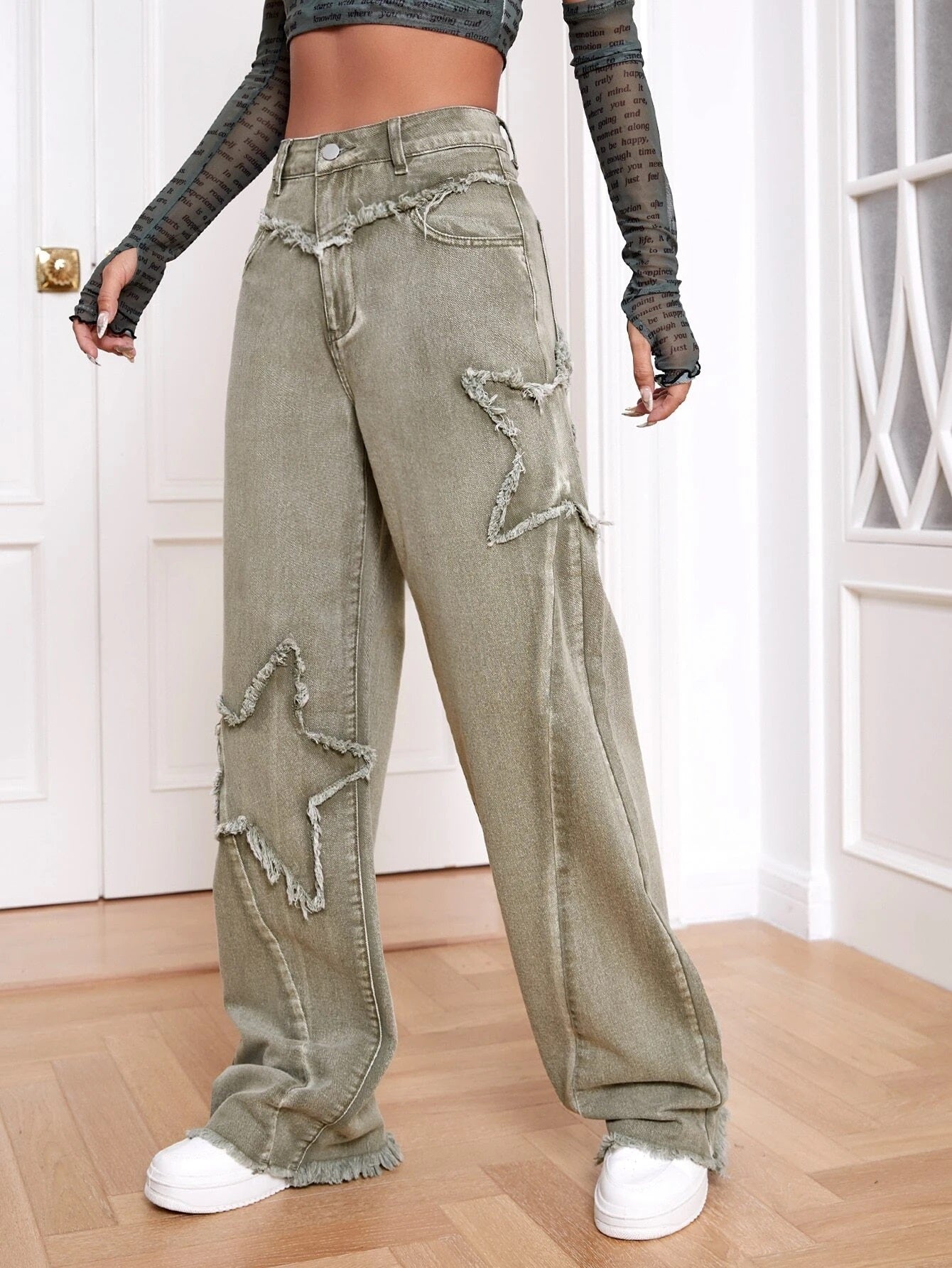 CM-BS900191 Women Casual Seoul Style High Waist Raw Trim Wide Leg Jeans - Army Green