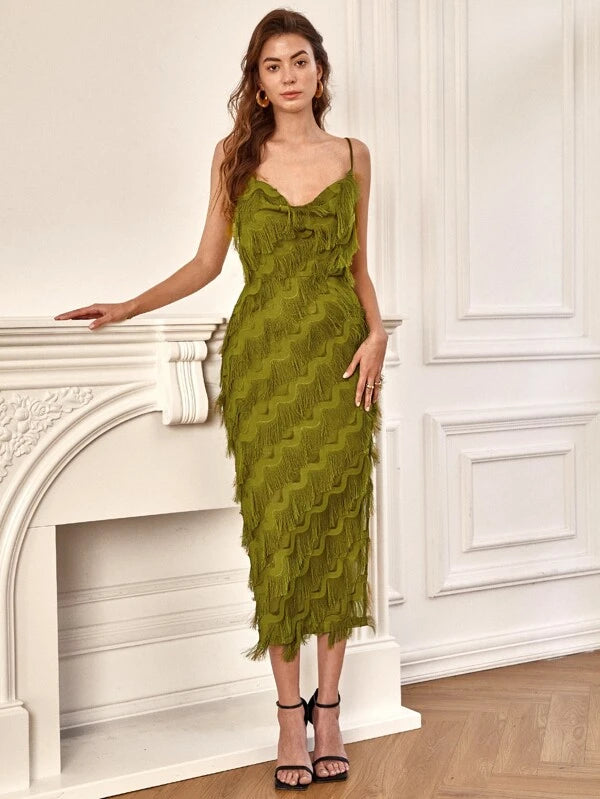 CM-DS643933 Women Elegant Seoul Style Split Thigh Backless Layered Fringe Cami Dress