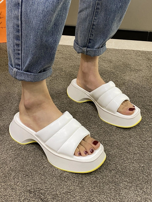 CM-SHS857175 Women Trendy Seoul Style Single Band Flatform Slide Sandals - Beige