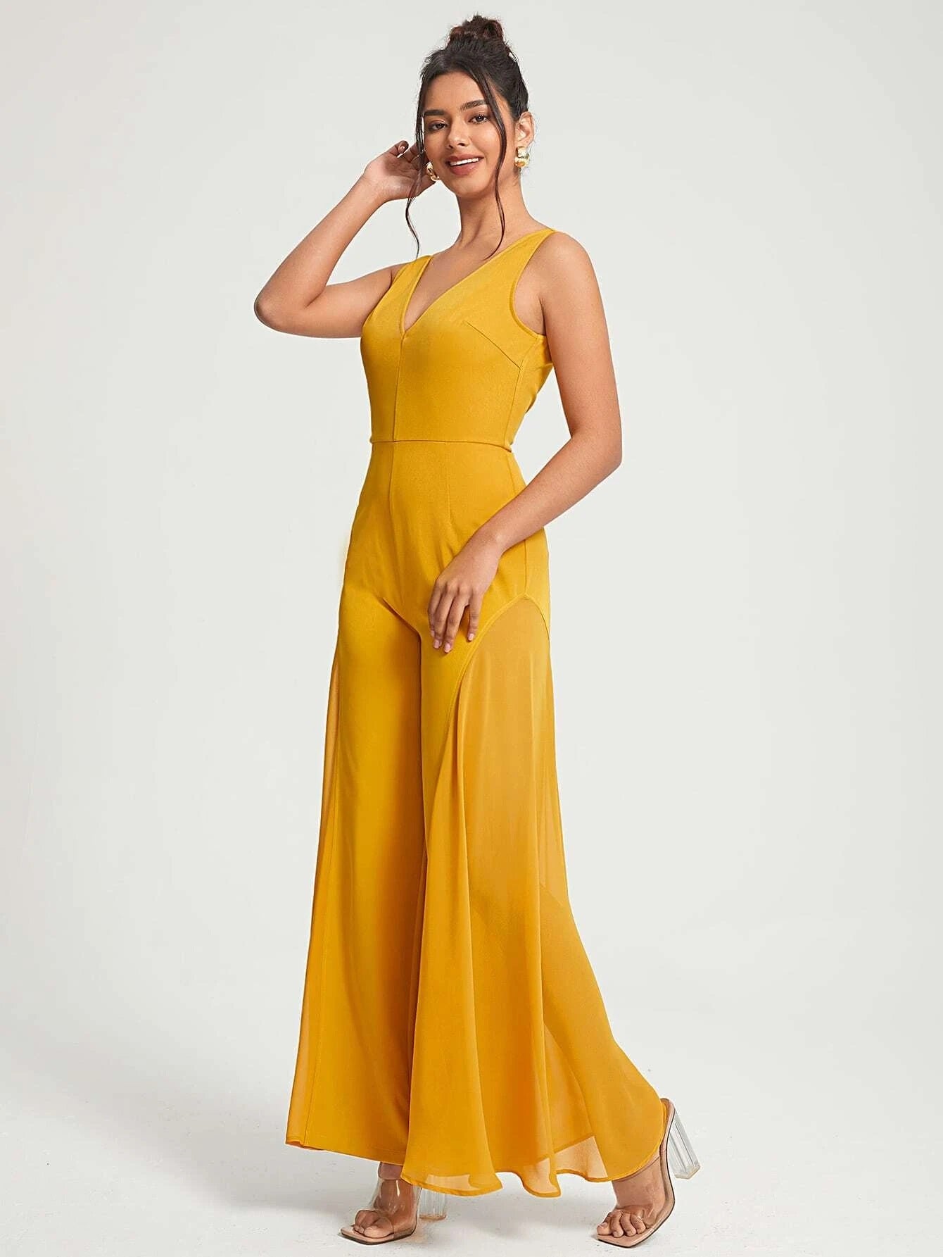 CM-JS555773 Women Elegant Seoul Style Sleeveless Solid Wide Leg Jumpsuit - Mustard Yellow