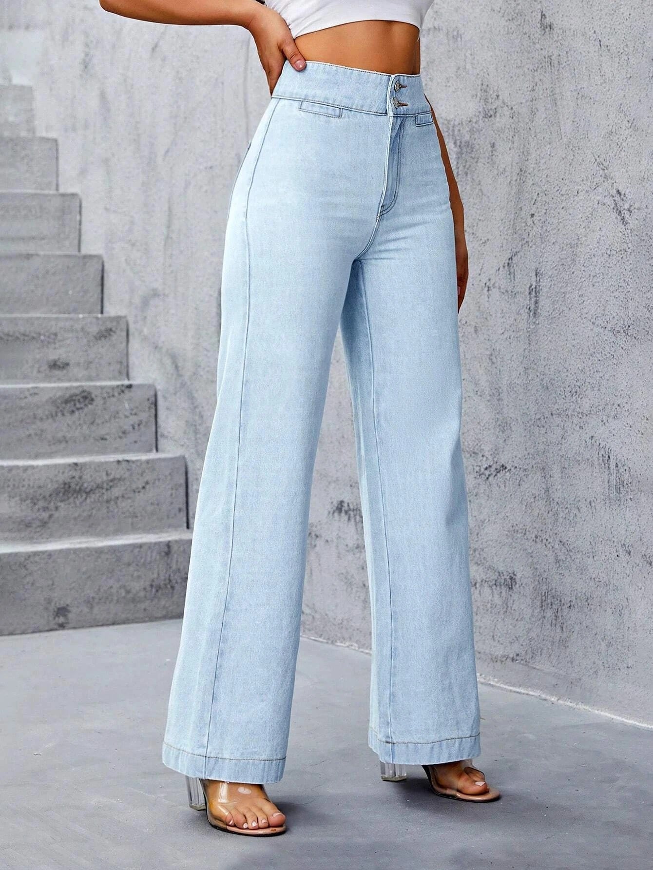 CM-BS791499 Women Preppy Seoul Style Light Wash High Waist Wide Leg Jeans