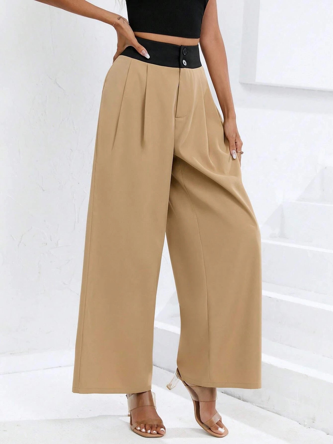 CM-BS166332 Women Trendy Bohemian Style High Waist Plicated Detail Wide Leg Pants - Khaki