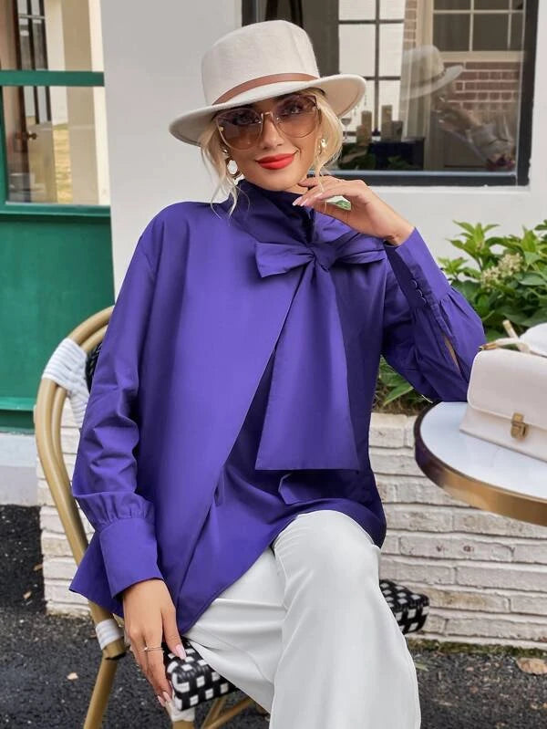 CM-TS466367 Women Elegant Seoul Style Solid Tie Front Long Sleeve Blouse - Purple