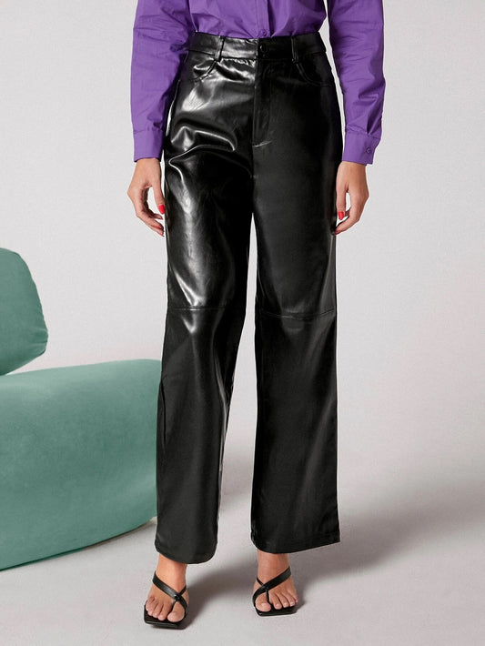 CM-BS111339 Women Elegant Seoul Style Zipper Fly Palazzo PU Pants - Black