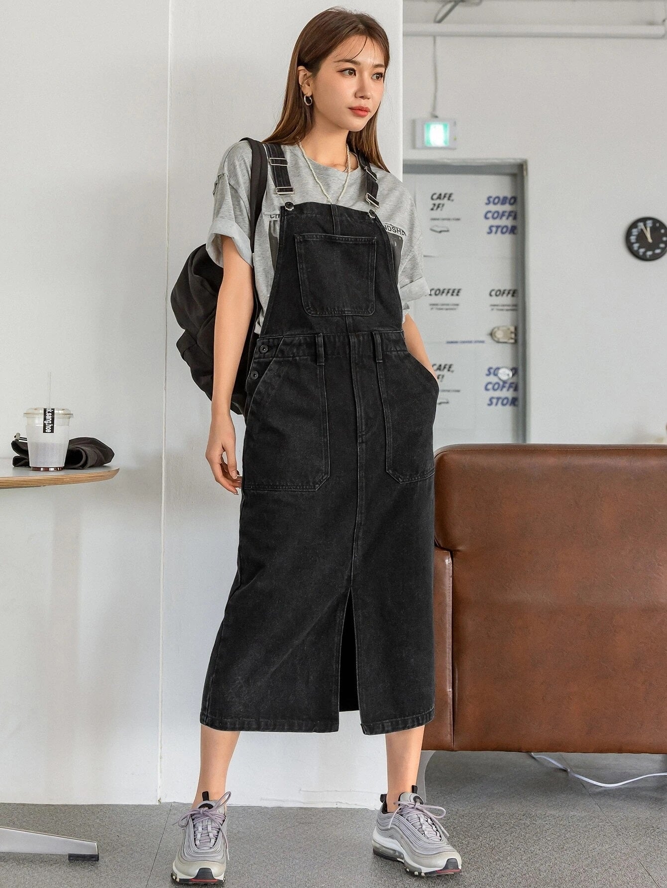 CM-DS418881 Women Preppy Seoul Style Slant Pockets Slit Front Denim Overall Dress - Black
