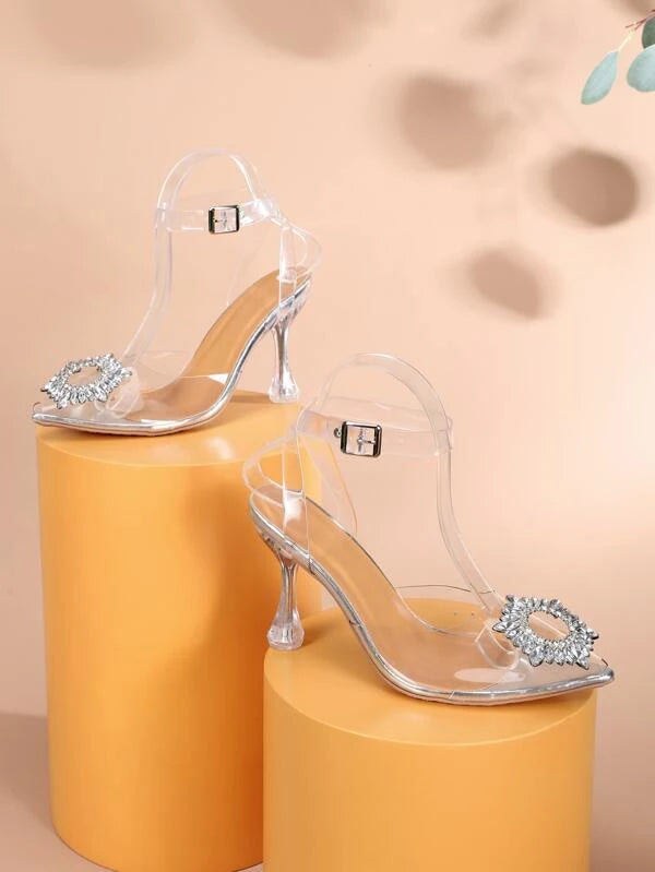 CM-SHS121014 Women Trendy Seoul Style Rhinestone Clear Pyramid Heeled Ankle Strap Pumps