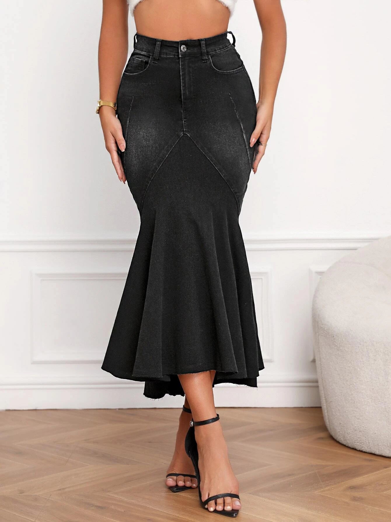 CM-BS899290 Women Casual Seoul Style High Waist Mermaid Hem Denim Skirt