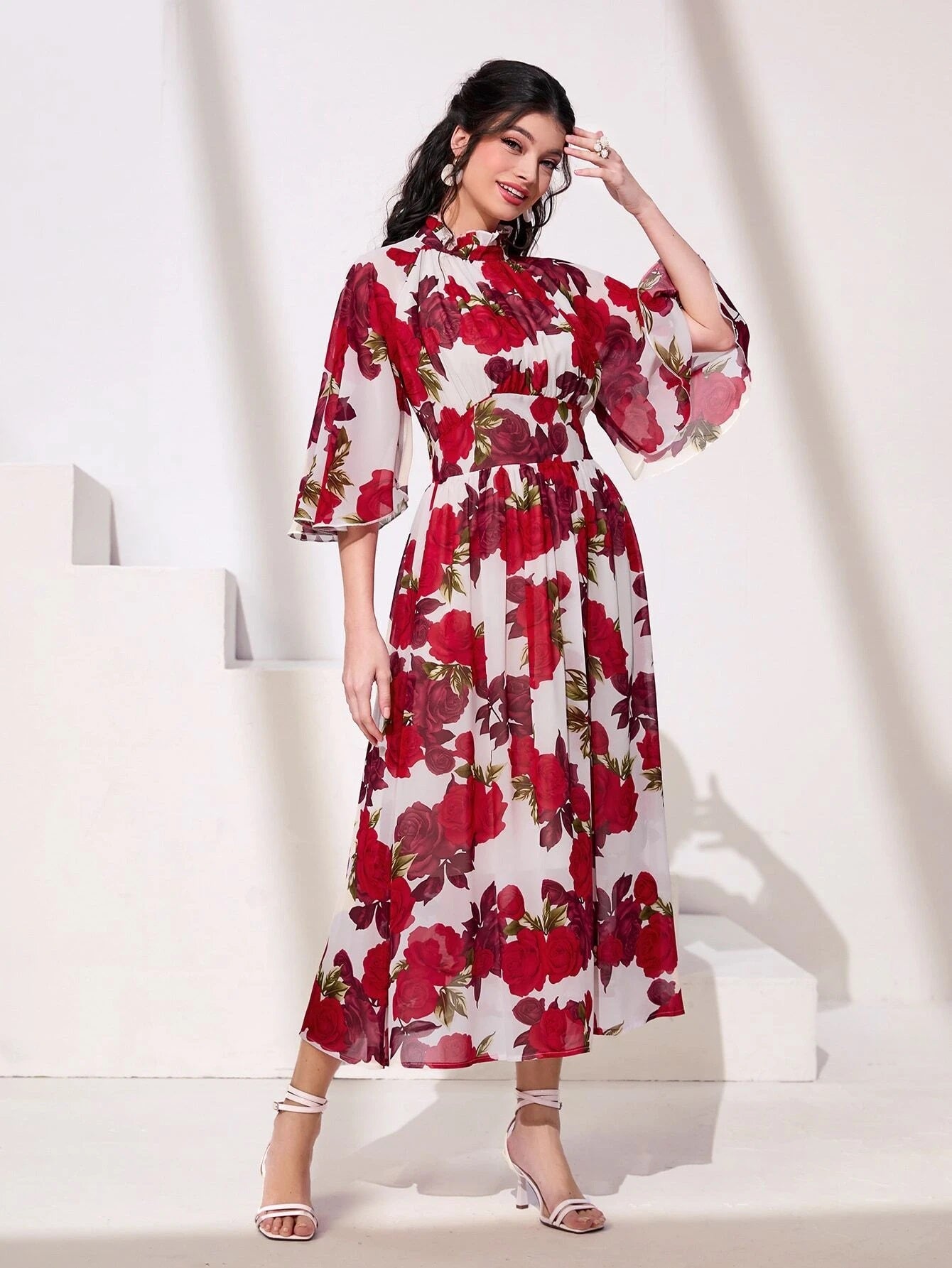 CM-DS861131 Women Trendy Bohemian Style Flounce Sleeve Floral Print Frill Neck Dress